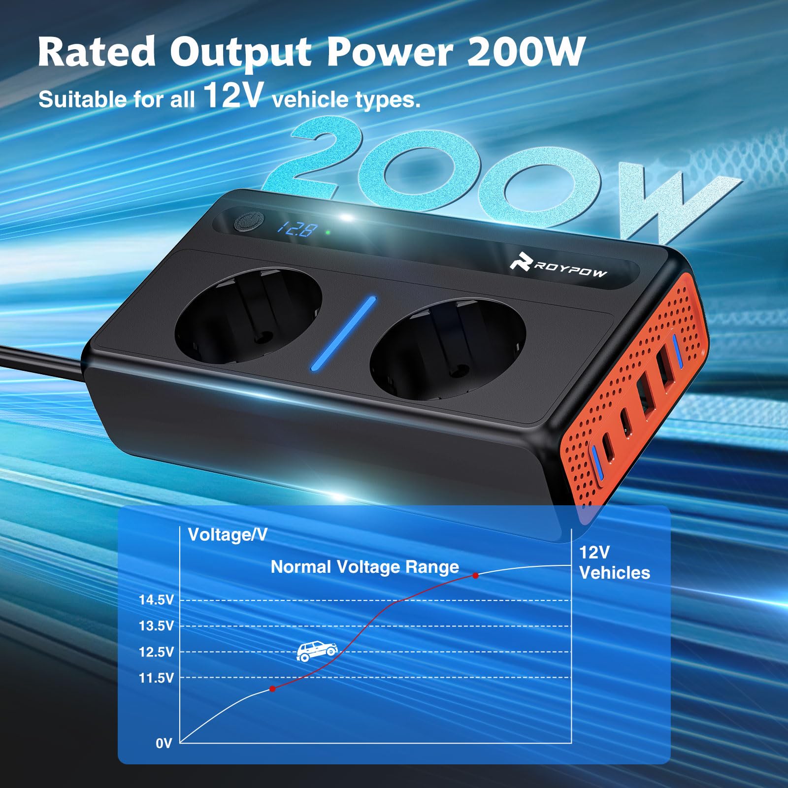 RoyPow Convertisseur 12V 220V 230V 240V 200W Prise Allume Cigare Transformateur de Tension, 2 Prises EU et 4 Ports USB, CC vers CA pour Voiture