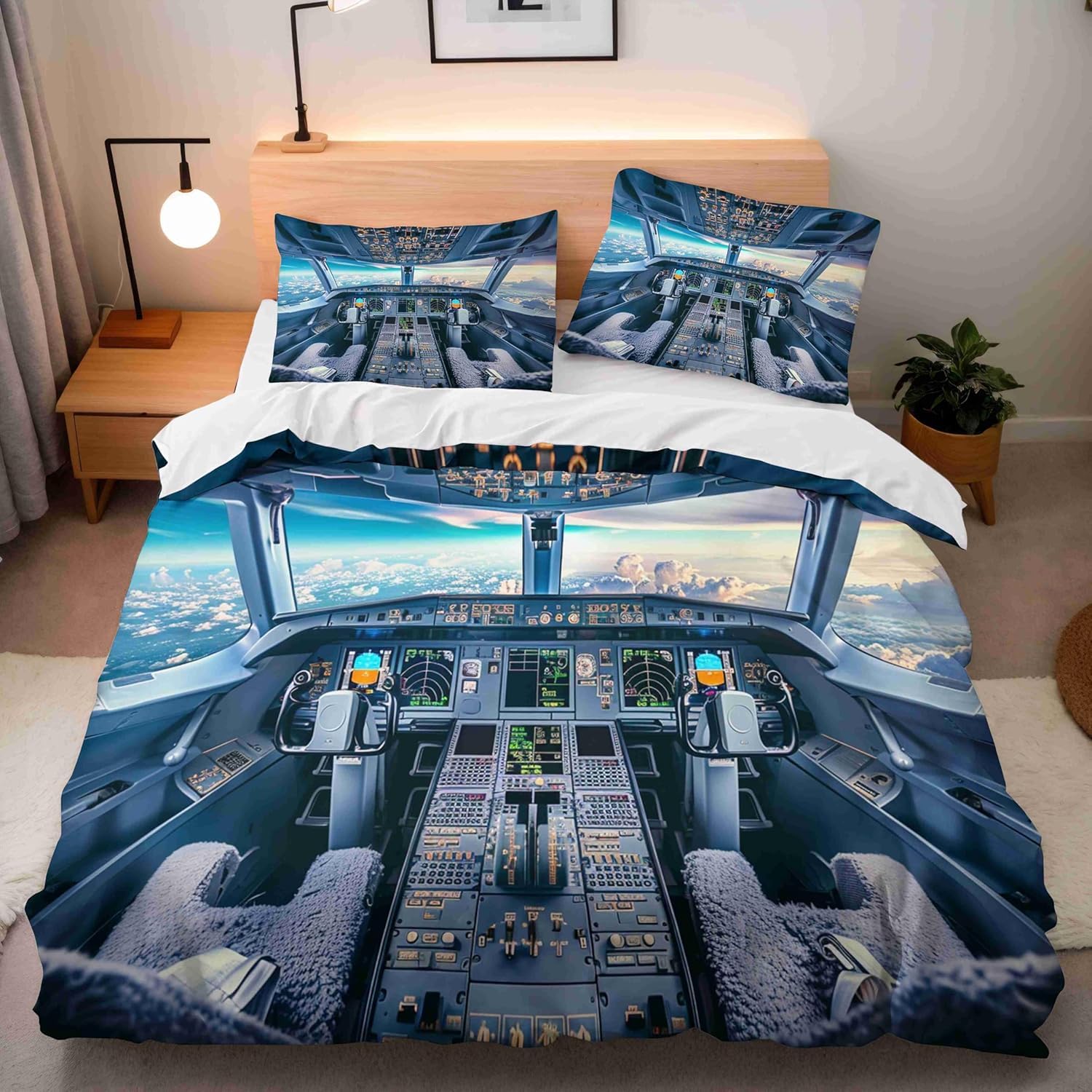 Funda Nordica Cama 135/150 Avión 3D Microfibra Suave Ropa de Cama Cabina de Avión de Carga 3 Pezzi Include 1 Fundas de Edredón 220x240 cm 2 Fundas de Almohada 50x75cm K.1528