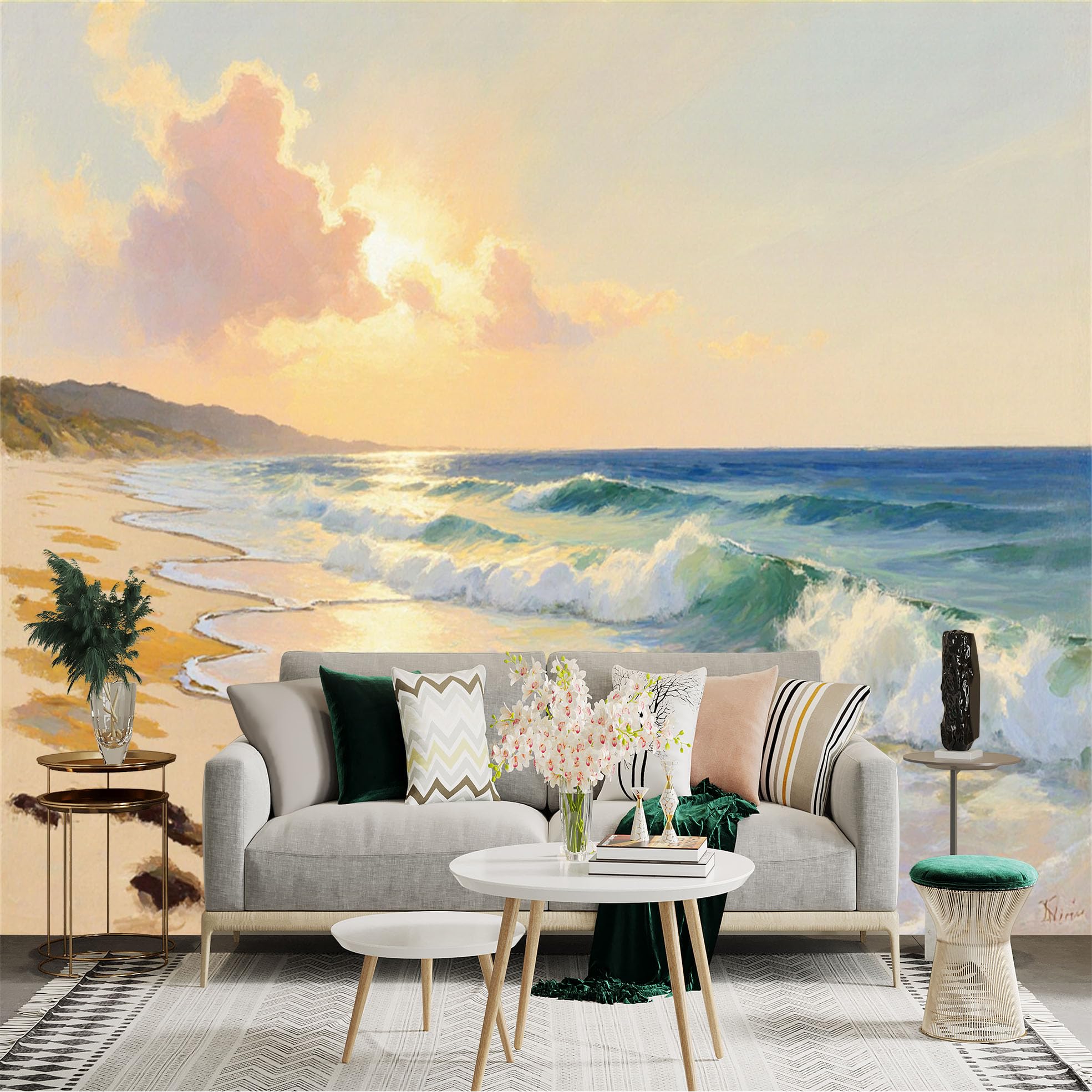 Custom Size Wall Sticker Mural， Beautiful Sunset Beach Landscape， Golden Sand Waves， Ocean Horizon View， Serene Coastal Scenery， for wall Decoration， peelandstick wall Decals.