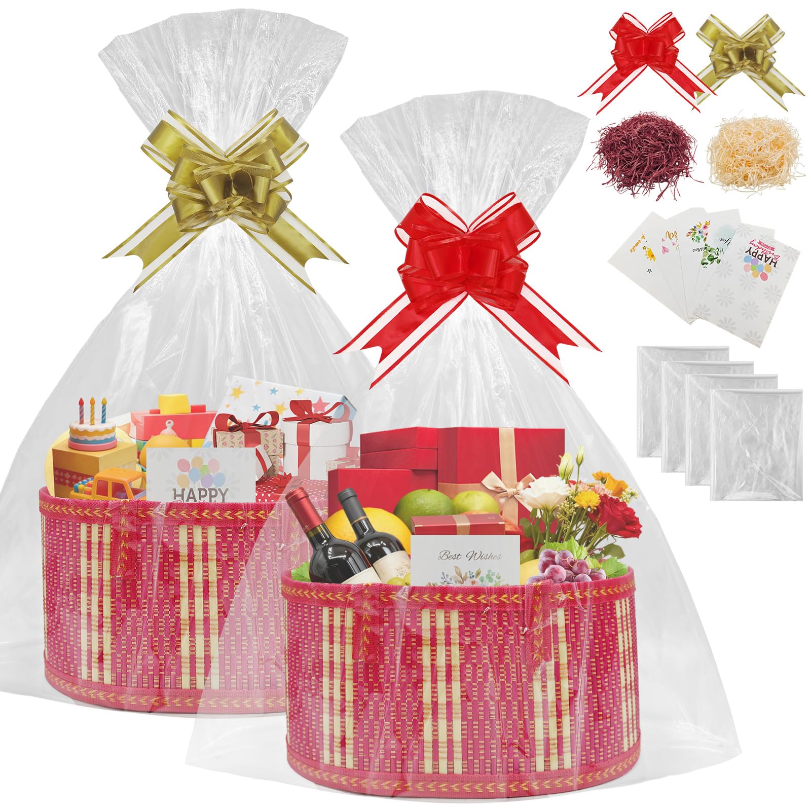 2 Set Empty Hamper Basket Gift Baskets with Handles Woven Bamboo Basket Kit with 4Bags 2Pull Bows and 2 Raffia for Christmas Birthday Wedding Baby Shower (Red)