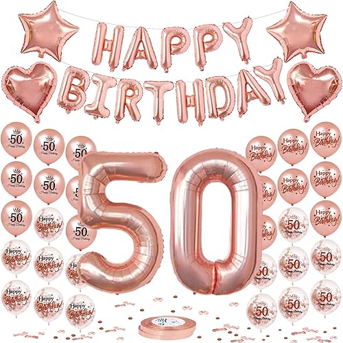 Konsait - Globos de látex para fiestas de 50 cumpleaños diseño de corazón con estrellas color oro rosa