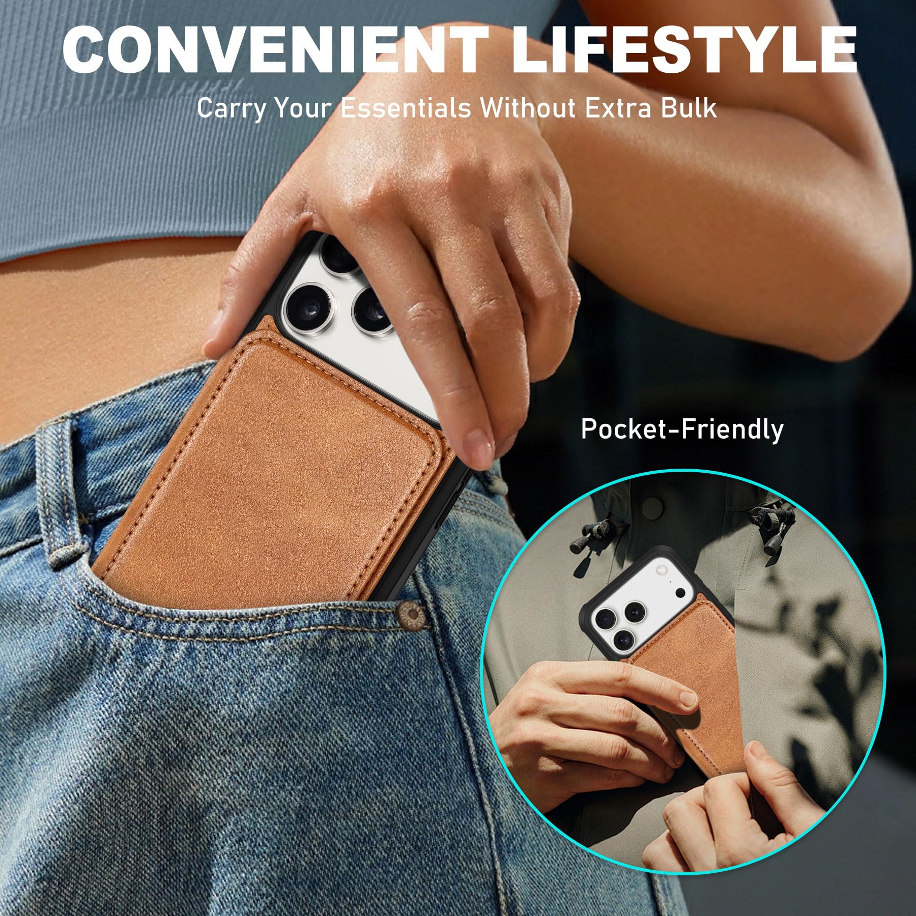 TUCCH Funda Billetera para iPhone 17 Pro MAX 6,9-Pulgadas 5G 2025 Bloqueo RFID | Cuero PU [Tarjeteros Indesmontable] 3 Ranura Tarjeta Cierre Botón Magnético Protección Flip, Marrón Claro Texturizado