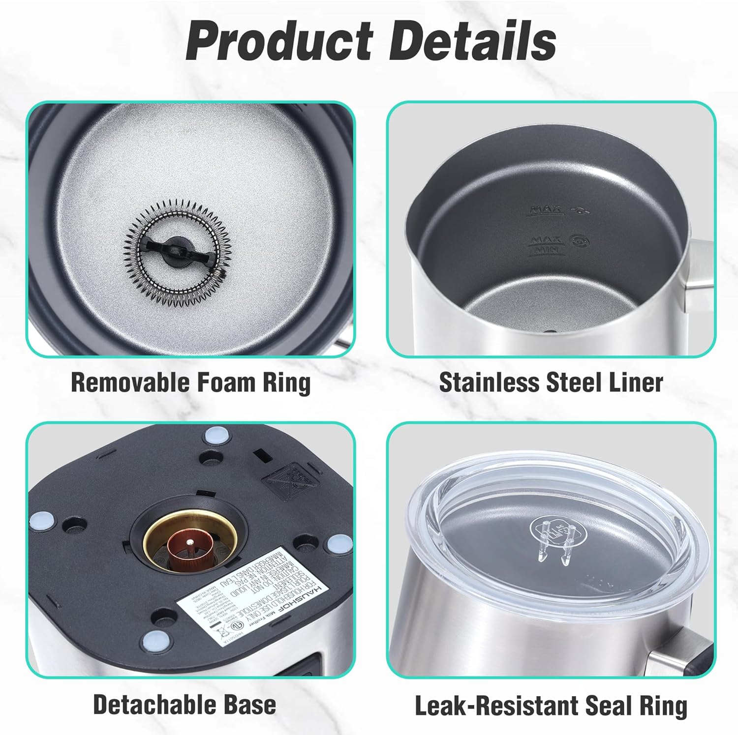 HAUSHOF Milk Frother, 4-in-1 Electric Milk Frother and Steamer, Large Capacity, Hot Chocolate Maker, Automatic Warm and Cold Foam Maker for Coffee, Latte, Macchiato, Cappuccino