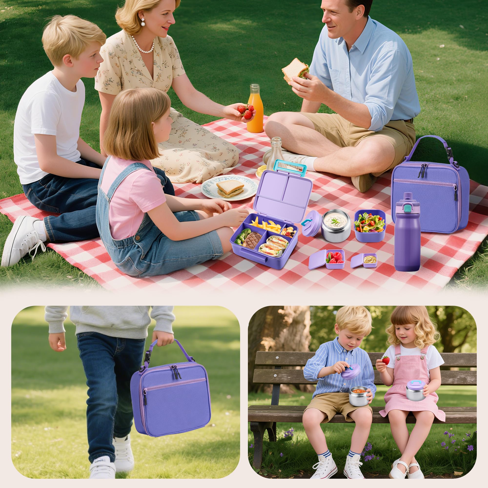 Bento-Lunchbox für Kinder mit Thermoskanne, auslaufsichere Bento-Box mit 237 ml isoliertem Lebensmittelglas, isolierte Flasche, Lunch-Tasche, BPA-frei, spülmaschinenfest, Behälter mit 4 Fächern, für