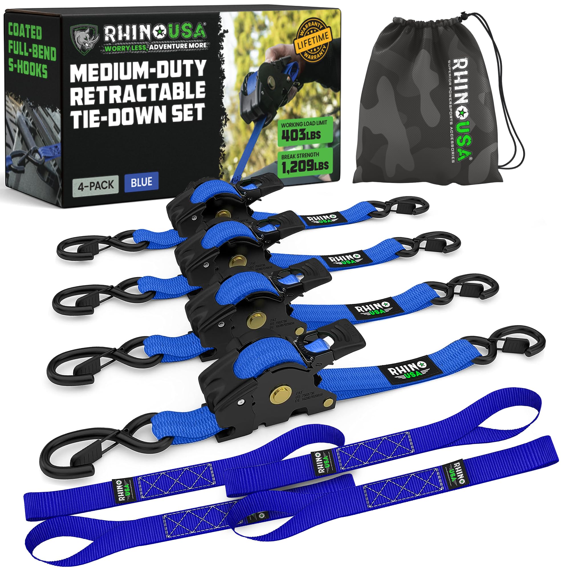 Rhino USA Retractable Ratchet Tie Down Straps (4PK) - 1,209lb Guaranteed Max Break Strength, Includes (4) Ultimate 1" x 10' Autoretract Tie Downs with Padded Handles