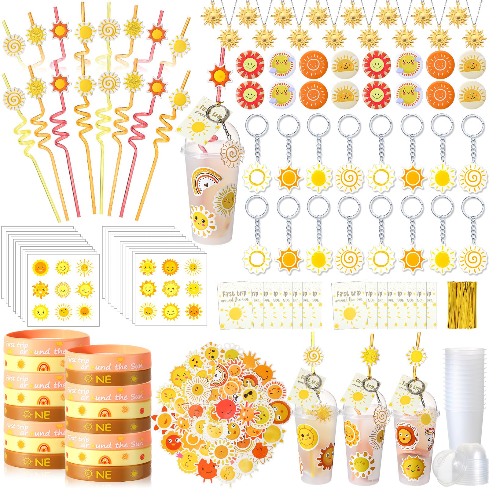 Remuuly 179 Pcs Boho First Trip Around the Sun Party Favors Include Gift Cup Sun Straw Sun Pendant Sticker Acrylic Keychain Silicone Bracelet Tattoo Sticker Tag for Hippie Sun Party Baby Shower Gifts