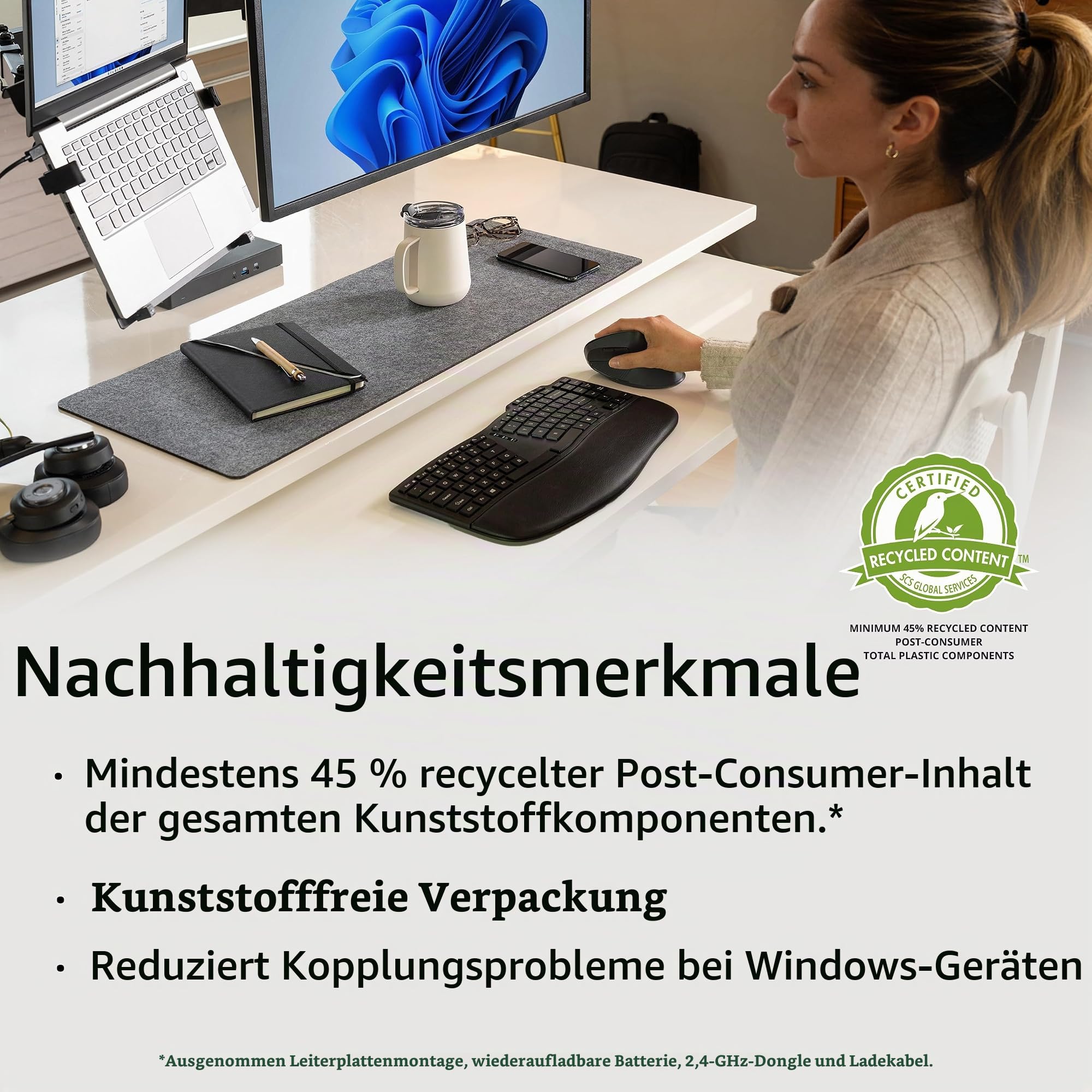 Kensington Pro Fit Ergo KB675 EQ Tastatur, QWERTZ, 2,4 GHz Bluetooth, kabellose, aufladbare TKL-Tastatur, kompatibel mit Windows und macOS, aus 43 % Post-Consumer-Recyclingmaterial (K75491DE)