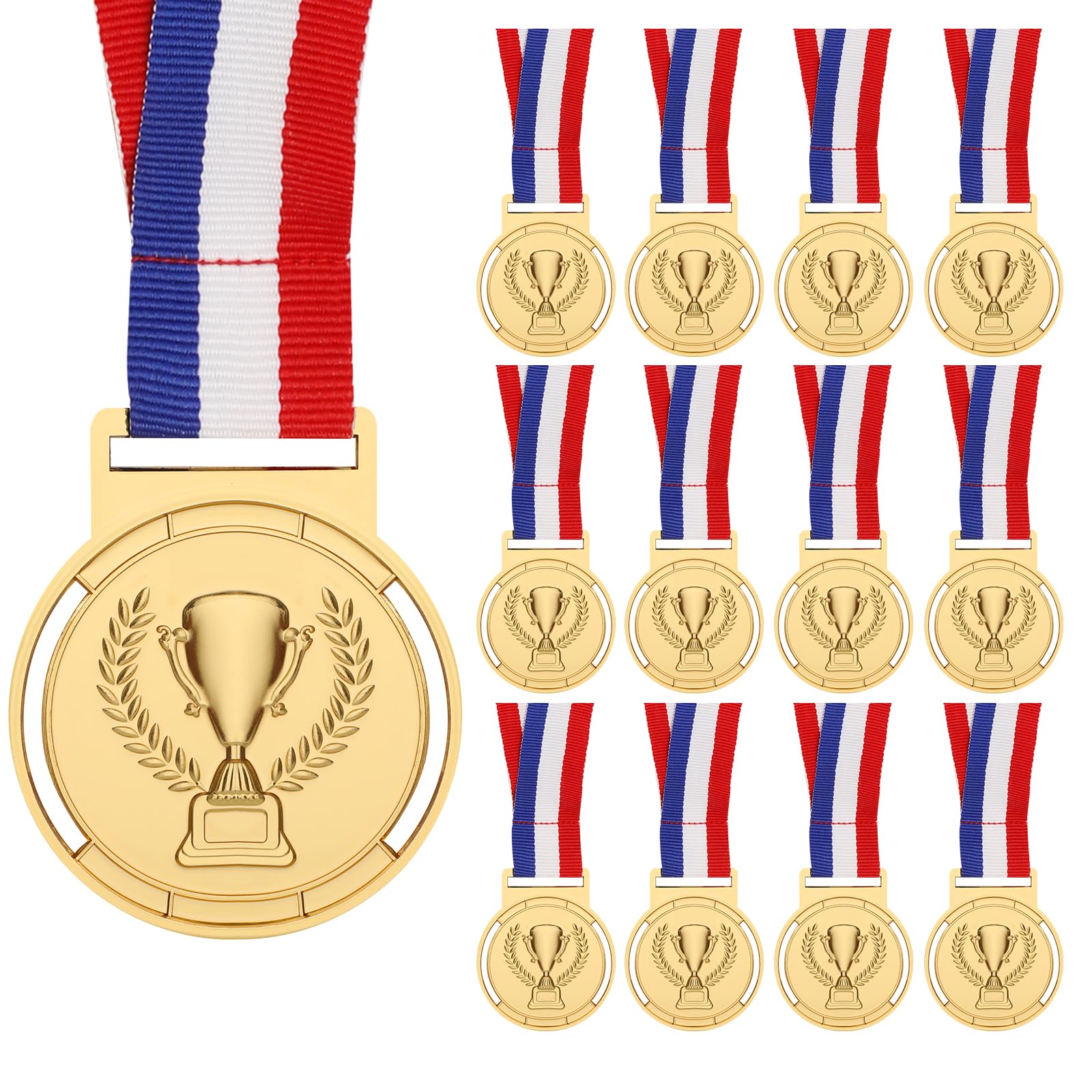WD&CD Lot de 12 Médaille d'or, Médailles Métal Diamètre 6,5 cm avec Rubans pour Enfants Étudiants Compétition Récompenses pour des Sports Jeux, Gravure Motif trophée - Style Olympique