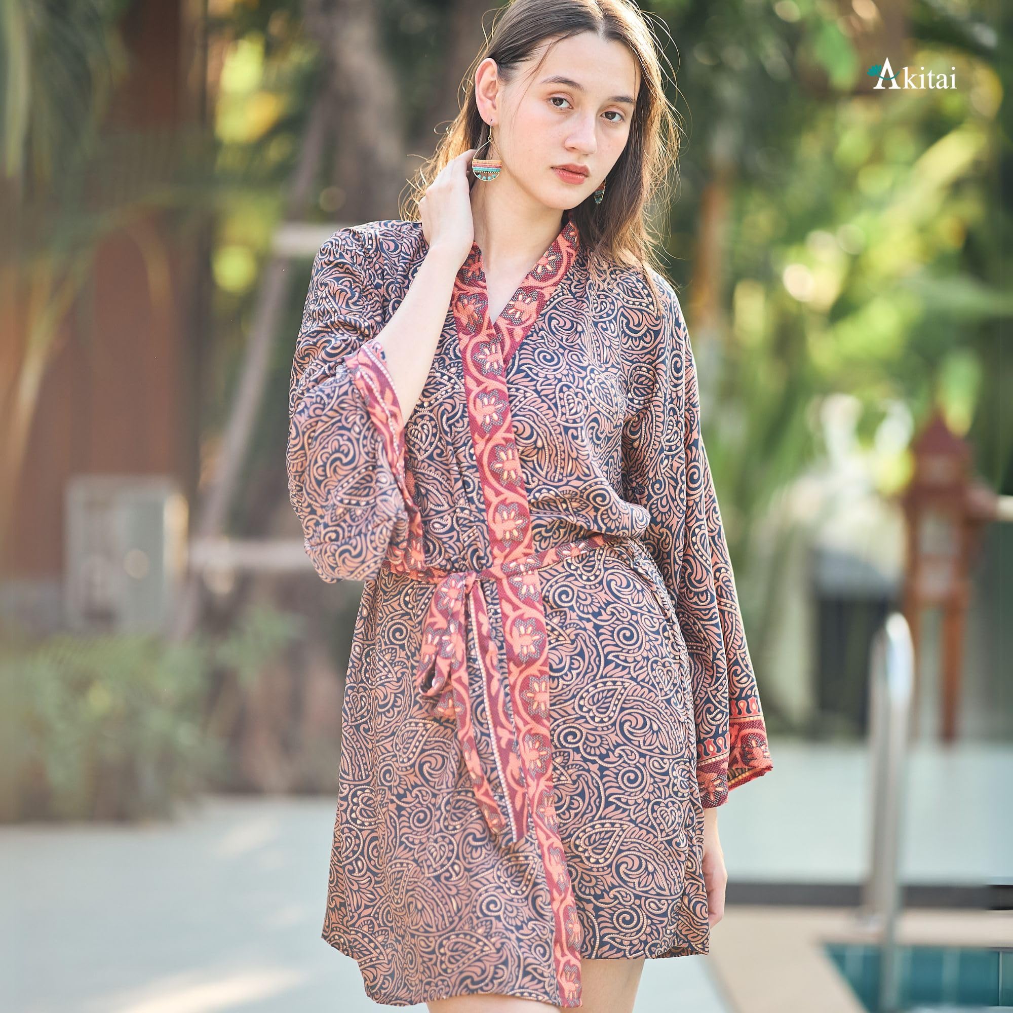 Kimono Boho da donna, 100% cotone kasturi, chiusura con gancio e anello, maniche a 3/4, comfort per tutte le stagioni, top kimono da donna per l'estate, versatile per spiaggia, vacanze