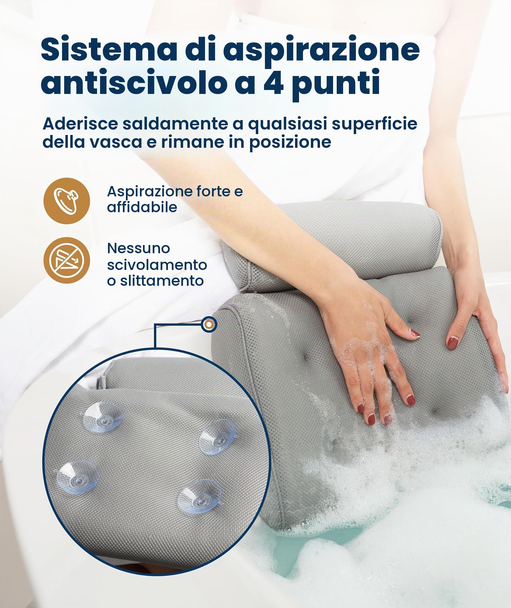 Everlasting Comfort Cuscino vasca da bagno di lusso per testa, collo e schiena – Cuscino antiscivolo con ventose, mesh ad asciugatura rapida e gancio (Grigio)