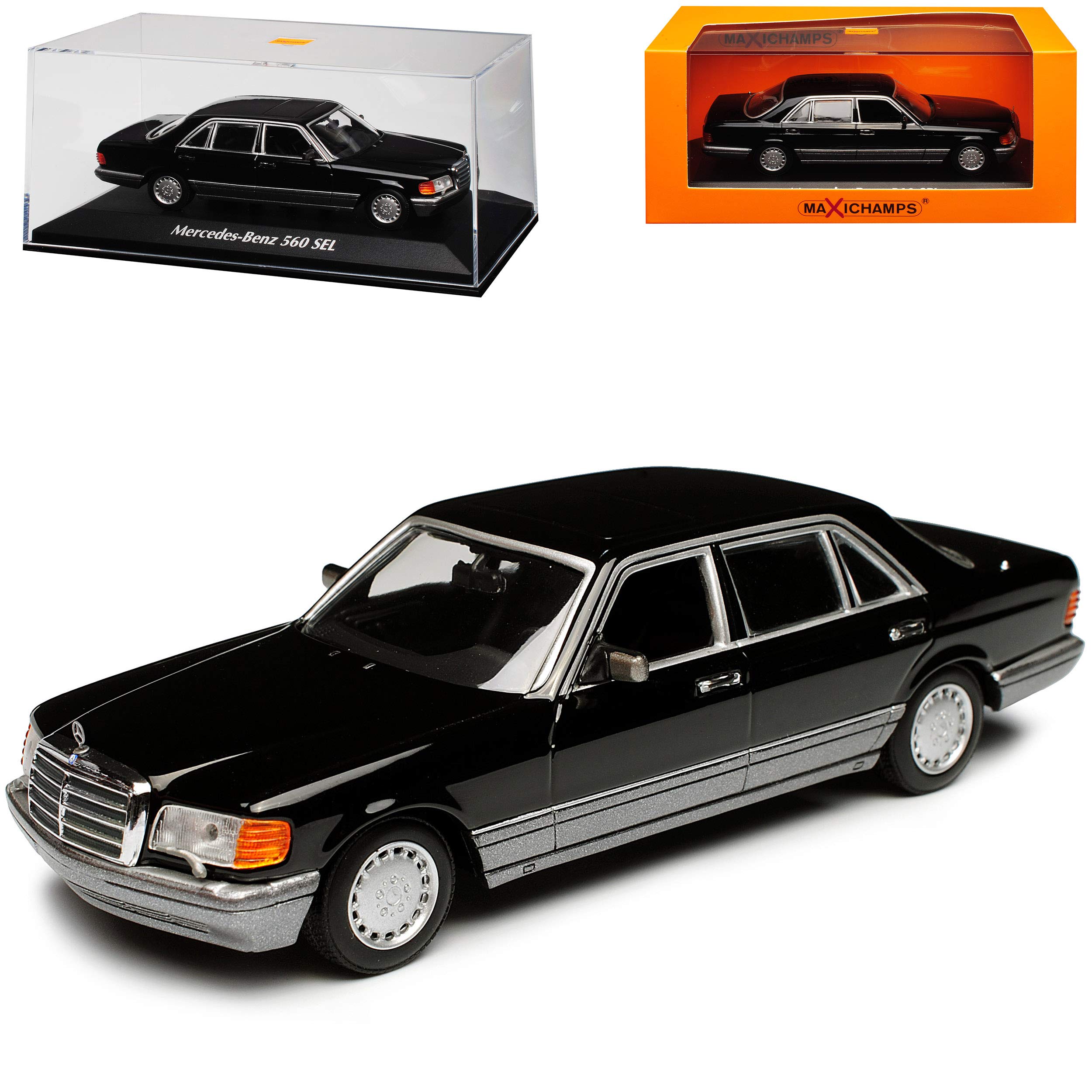 alles-meine.de GmbH Mercedes-B 560 SEL S-Klasse Schwarz W126 1979-1991 1/43 Minichamps Maxichamps Modell Auto mit individiuellem Wunschkennzeichen
