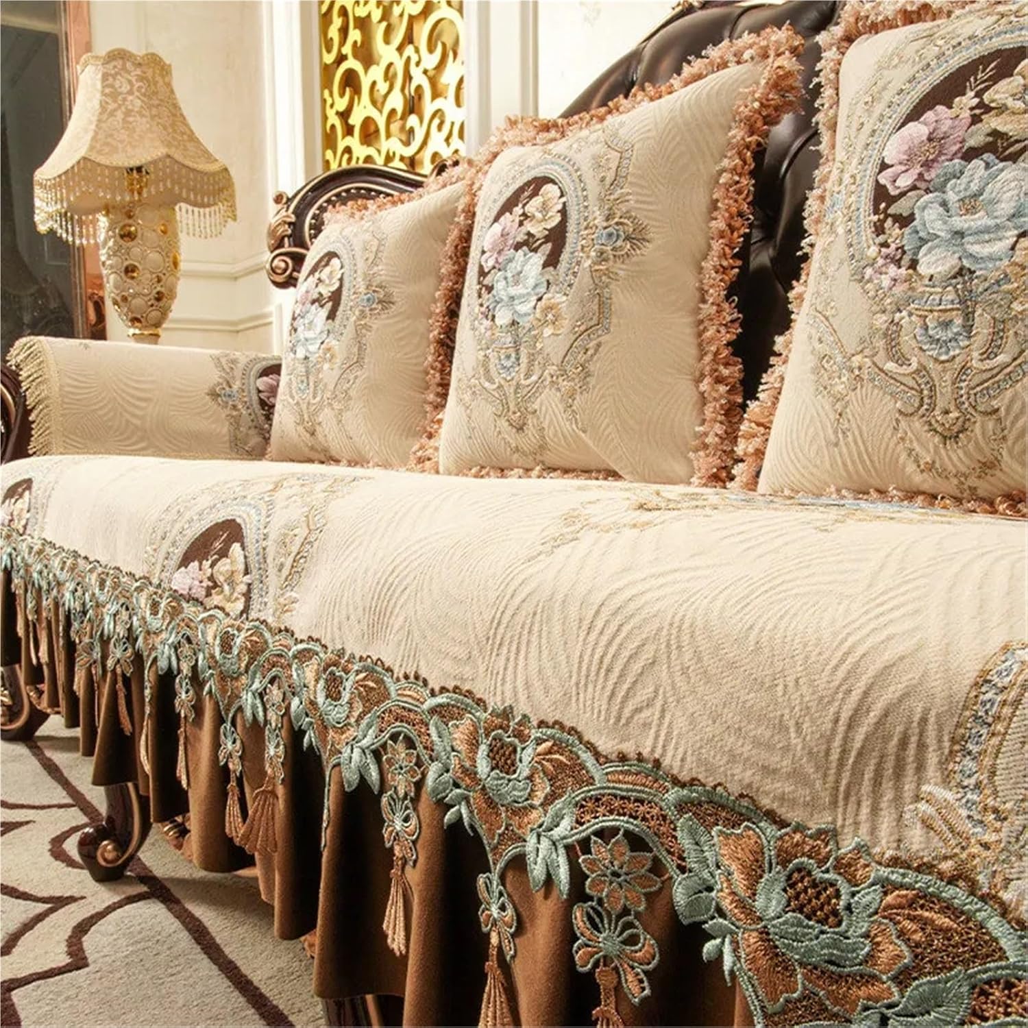 Vintage Textured Lace - Non-Slip Chenille Jacquard Slipcover for Leather Couch, Armchair, Chaise Lounge