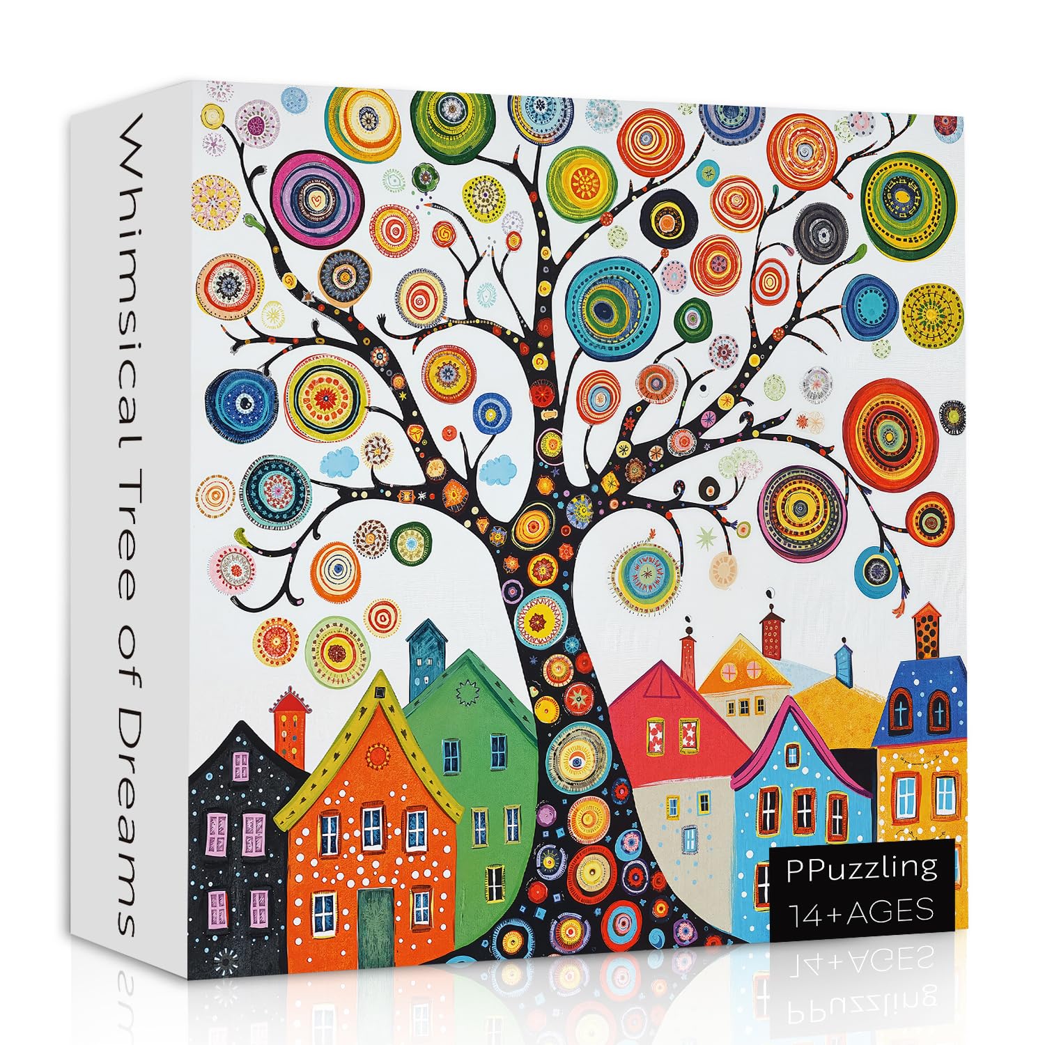 Colorful Tree of Life Puzzles for Adults 1000 Pieces, Fantasy Village House Scene Art Jigsaw Puzzle, Fun Challenging Tree Theme as Home Wall Decor