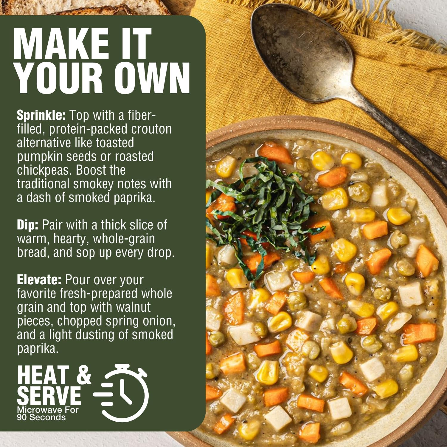 PLANTSTRONG Split Pea Vegetable Stew, USDA Organic, Non-GMO, Plant-Based Vegan, Gluten-Free, Oil-Free, Lightly Salted, Ready to Heat & Serve, 6-Pack (16.9 oz Each) + Recipe Guide