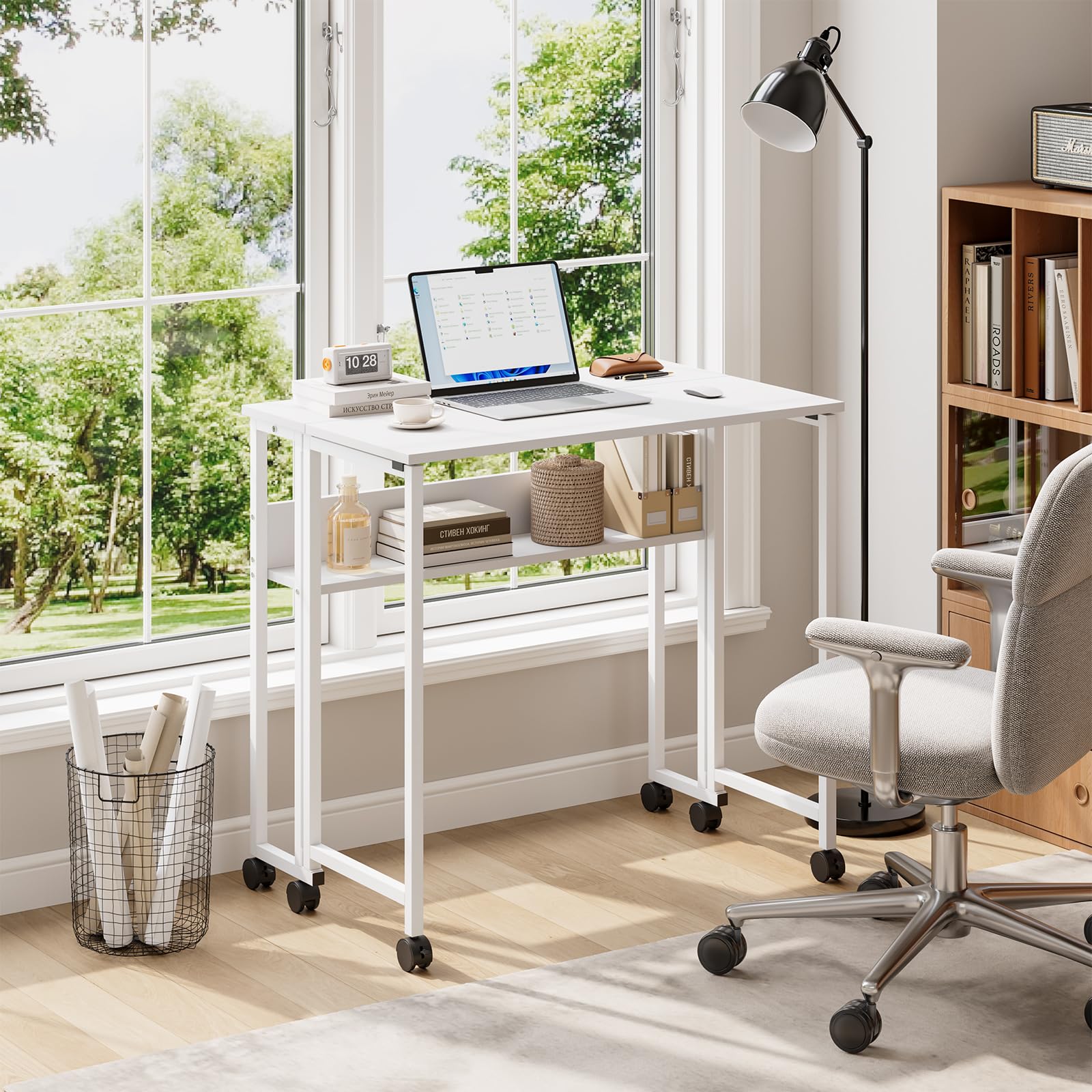 Escritorio Plegable Pequeño con Ruedas y Estante de Almacenamiento, Mesa de Estudio Moderna, Fácil de Montaje y Ahorro Espacio para Casa Oficina, 80 x 50 x 75 cm (Blanca)