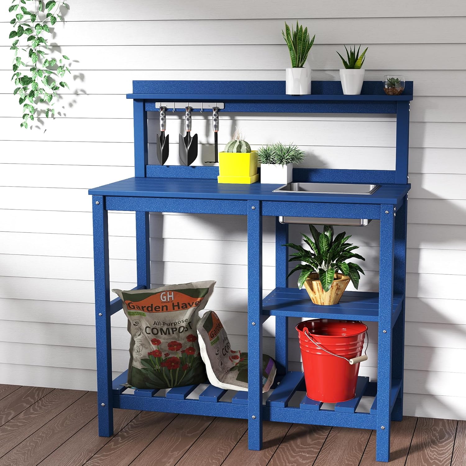 Potting Bench, Outdoor Potting Bench with Sink, Hooks, HDPE All Weather Potting Table, Suitable for Patio, Porch, Garden, Yard, Navy Blue