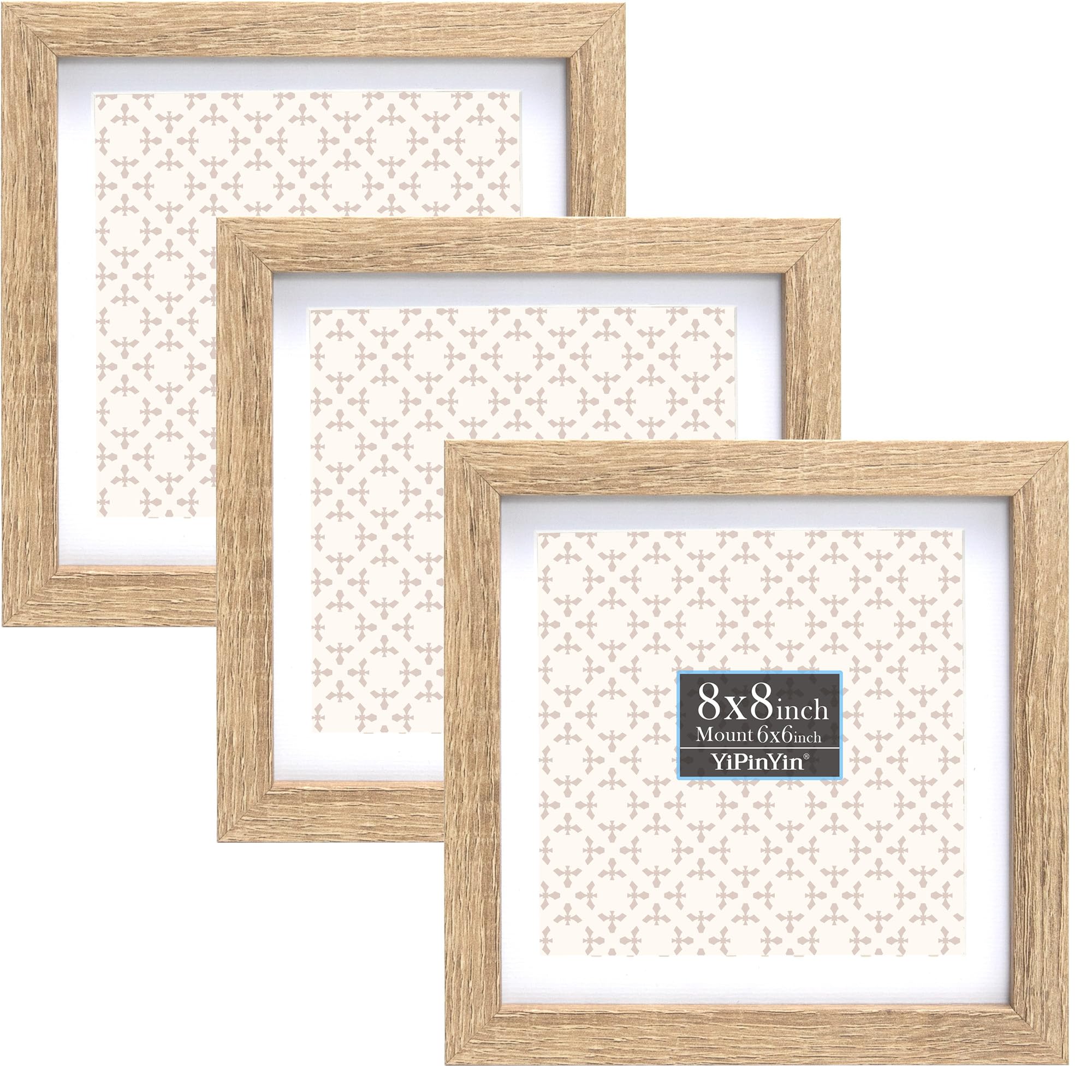 Wood 8x8'' Picture Frame Set of 3,with Acid-Free Mount for 6x6'' Photos, Featuring a Premium Acrylic Window,for Tabletop Display or Wall Mounting,An Ideal Choice for Christmas and Wedding Decor