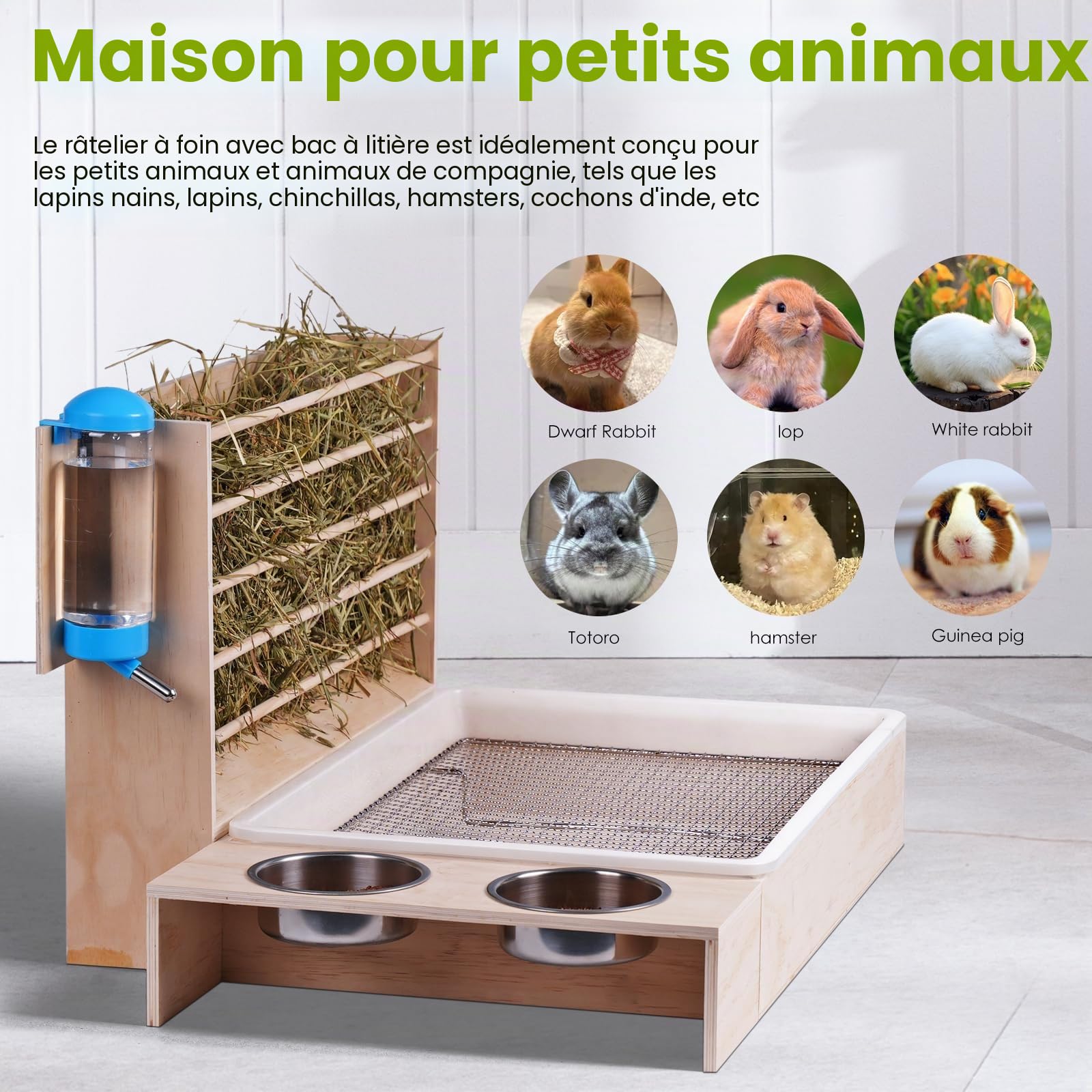 Grand râtelier à foin 4 en 1 - En bois - Distributeur de nourriture pour lapins - Avec bac à litière pour chat - Bouteille d'eau - Distributeur de nourriture pour hamster - Distributeur