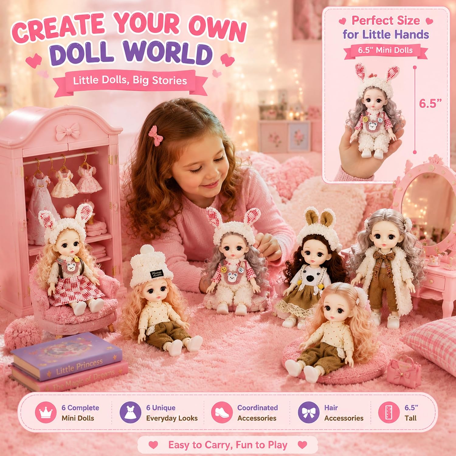 6 Inch Small Princess Dolls, Everyday Outfits for Storytelling, 6 Pack image 5