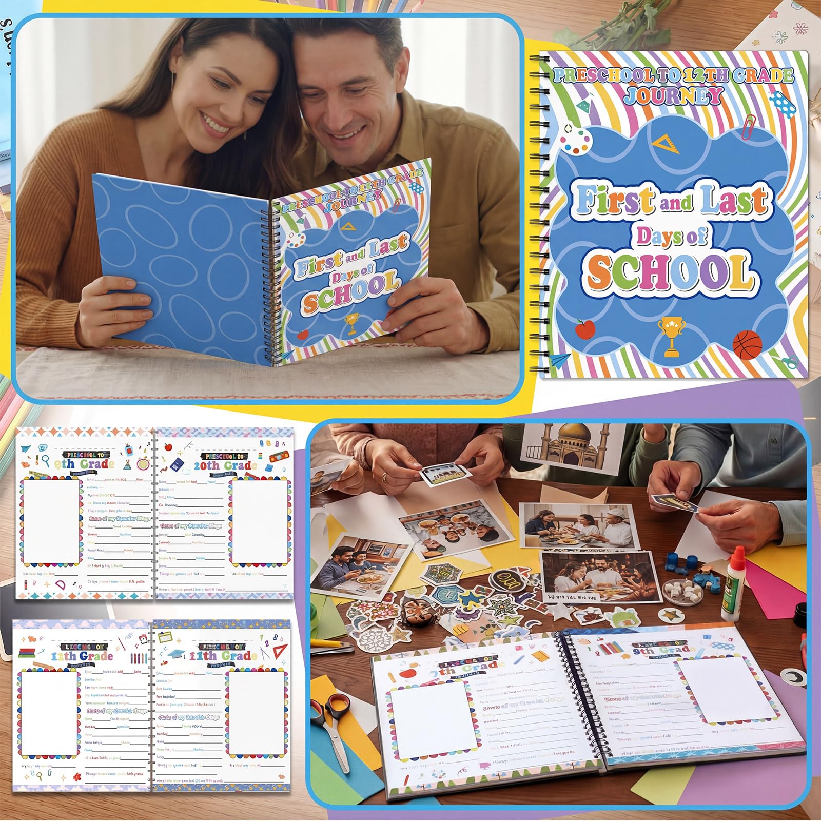 Fullhawl Álbum de recuerdos escolares, álbum de recortes para el primer y último día de escuela, álbum de fotos con bolsillo de recuerdo desde preescolar hasta 12º grado para almacenamiento de fotos