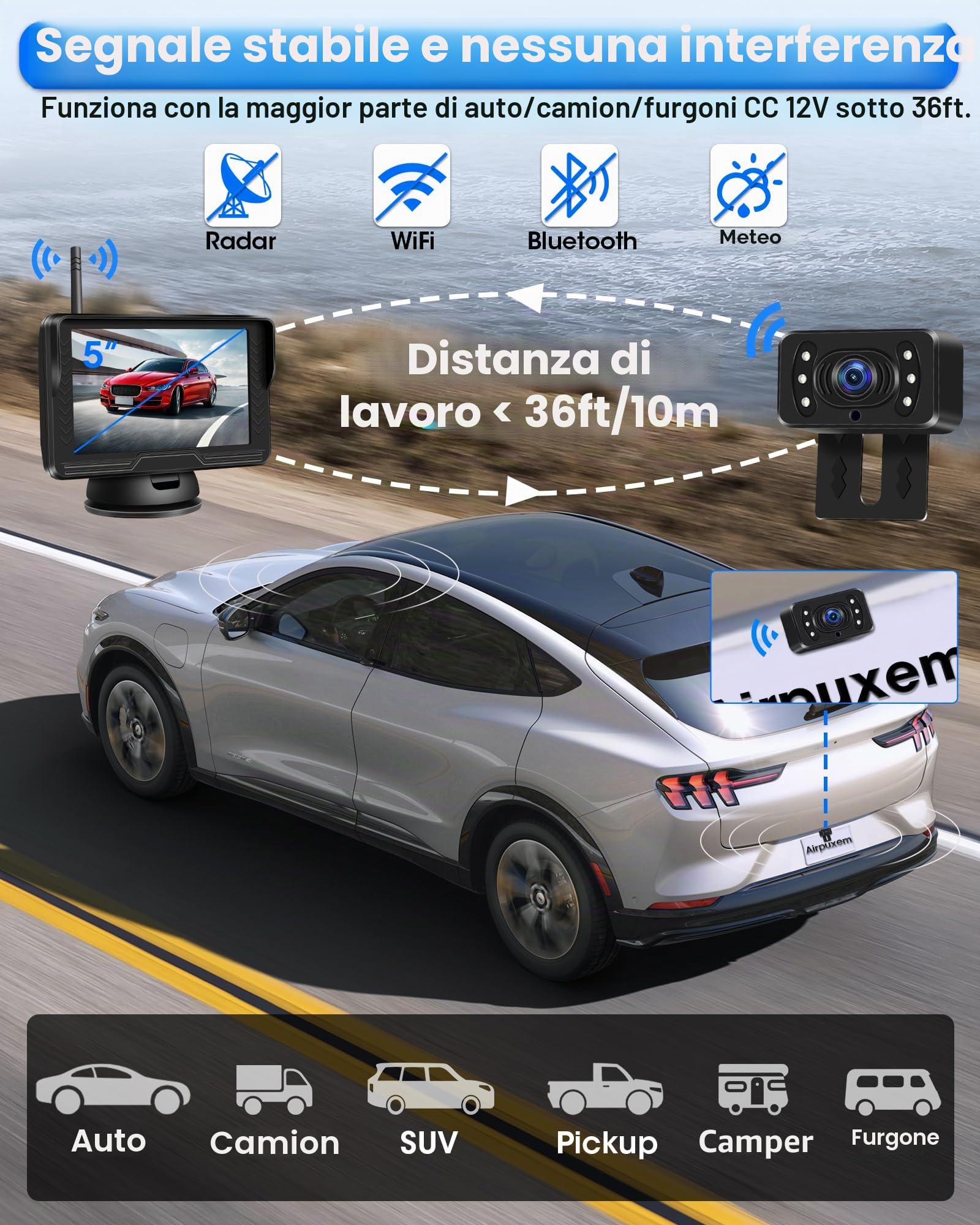 AHD 1080P Retrocamera Auto Wireless Immagine Stabile con 5 '' Monitor | Telecamera Retromarcia Wireless 6 LED Telecamera Posteriore Senza Fili Visione Notturna 170°Grandangolo per DC 12V Camion SUV