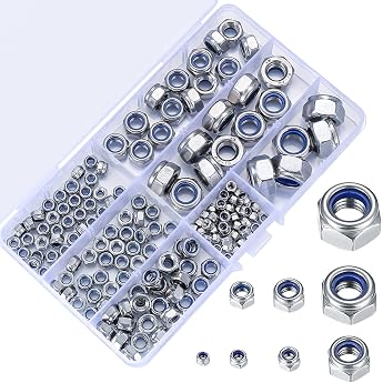 Pack of 200 Locking Nuts Assortment Stainless Steel Self-Locking Nuts M3 M4 M5 M6 M8 M10 M12 Threaded Inserts Hex Nut Set Various Nylon Locking Nuts