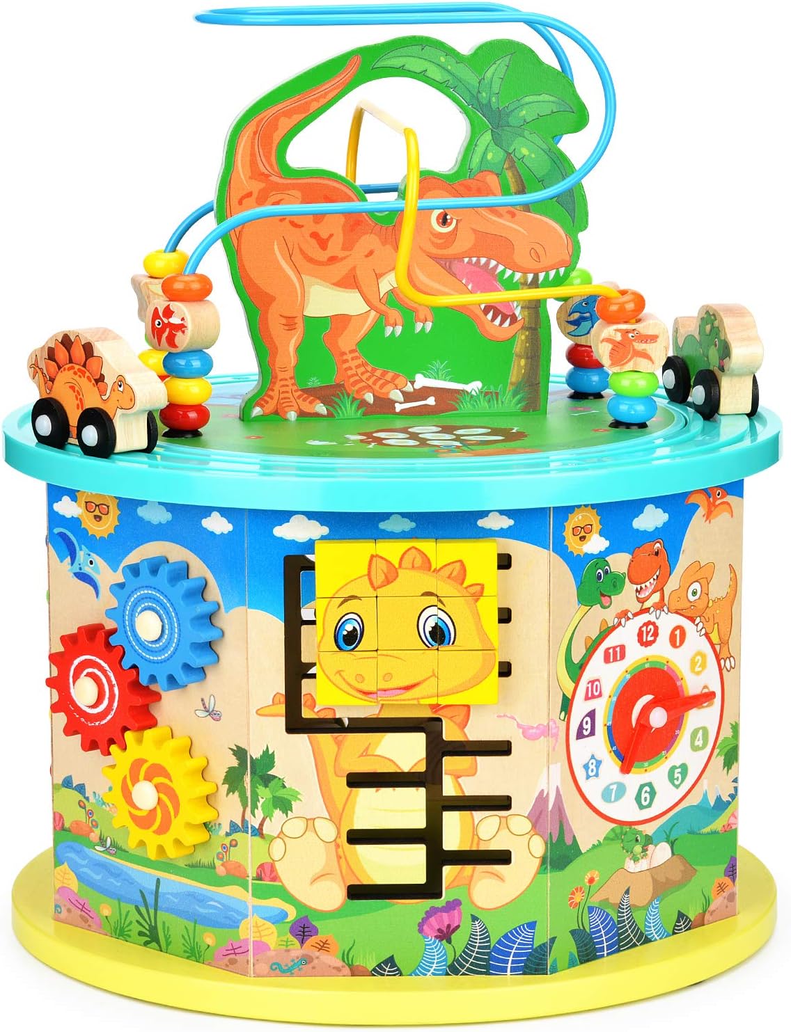 Victostar Activity Cube, 11 in 1 Dinosaur Bead Maze Multipurpose Educational Toy Wood Shape Color Sorter for Kids