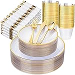 Morejoy 350PCS Clear Gold Plastic Plates - Disposable Gold Party Plates & Pre Rolled Napkins with Cutlery for 50 Guests, 100Plates, 150Silverware, 50Cups, 50Napkin for Party & Thanksgiving