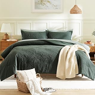 Geniospin Queen Comforter Set, Bed in a Bag 7-Pieces, with Comforter, Pillow Sham, Flat Sheet, Fitted Sheet and Pillowcase, All Season Comfortable Seersucker Bedding Soft & Cozy (Dark Green, 90