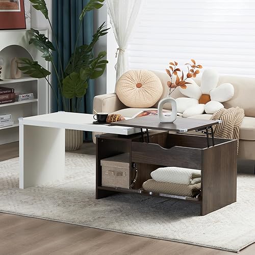 Miniatura 6 de Mesa de centro grande de madera de 59 pulgadas de largo con almacenamiento, moderna mesa de transformador extensible con baúlestante abierto, mesa