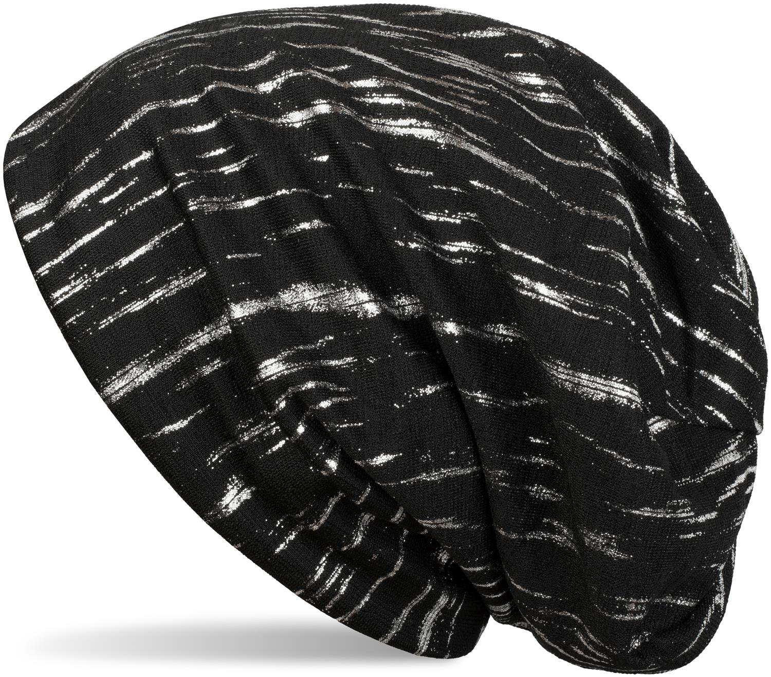 styleBREAKER Beanie with Metallic Stripes, Slouch Long Beanie, Unisex 04024120, Colour:Black