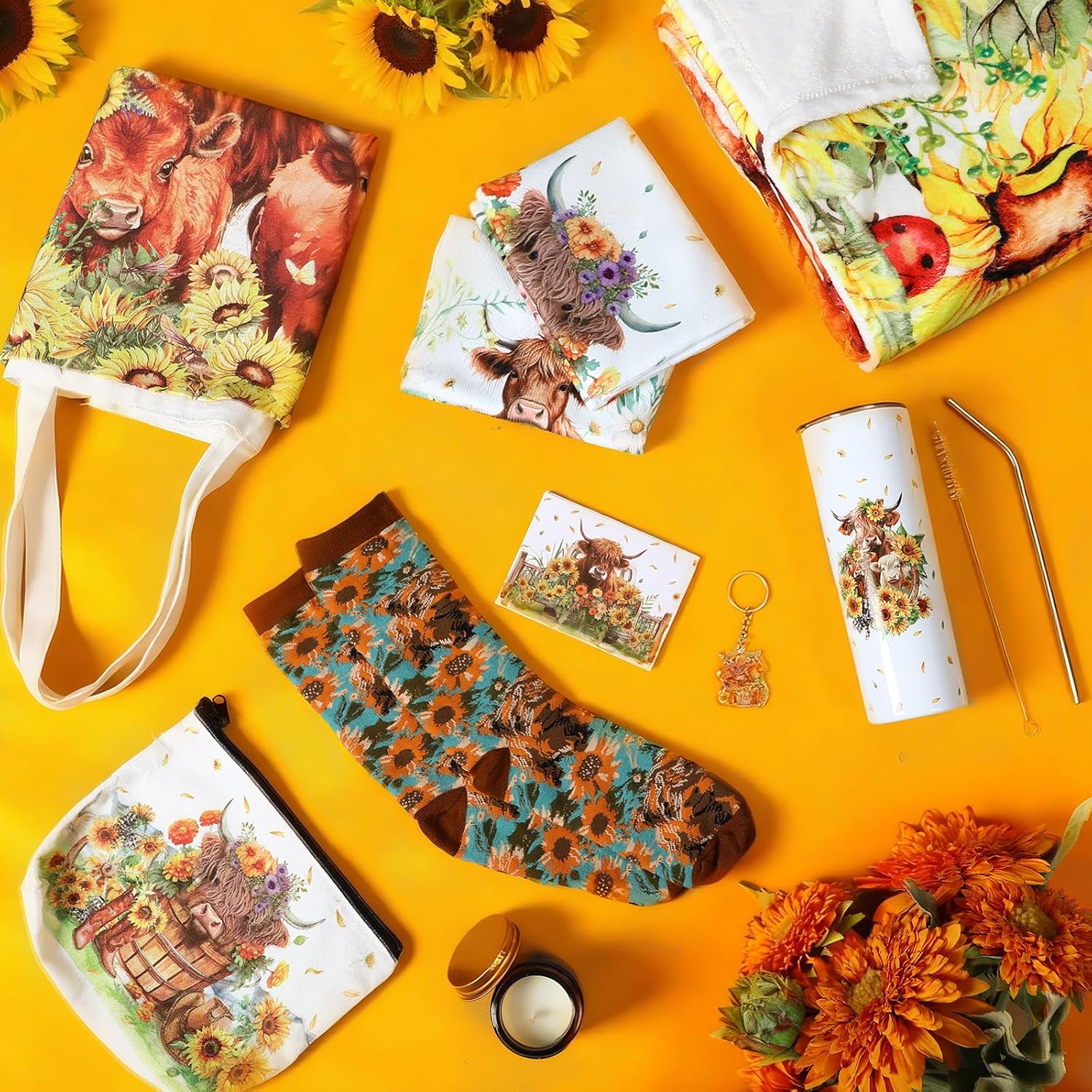 10 Pcs Highland Cow Gifts Set for Women Sunflower Cattle Tumbler Towels Cosmetic Bag Candle Pen Throw Blanket Socks Cards Keychain Handbag for Mom Staff Employee Cow Lover Birthday Gifts - Image 5