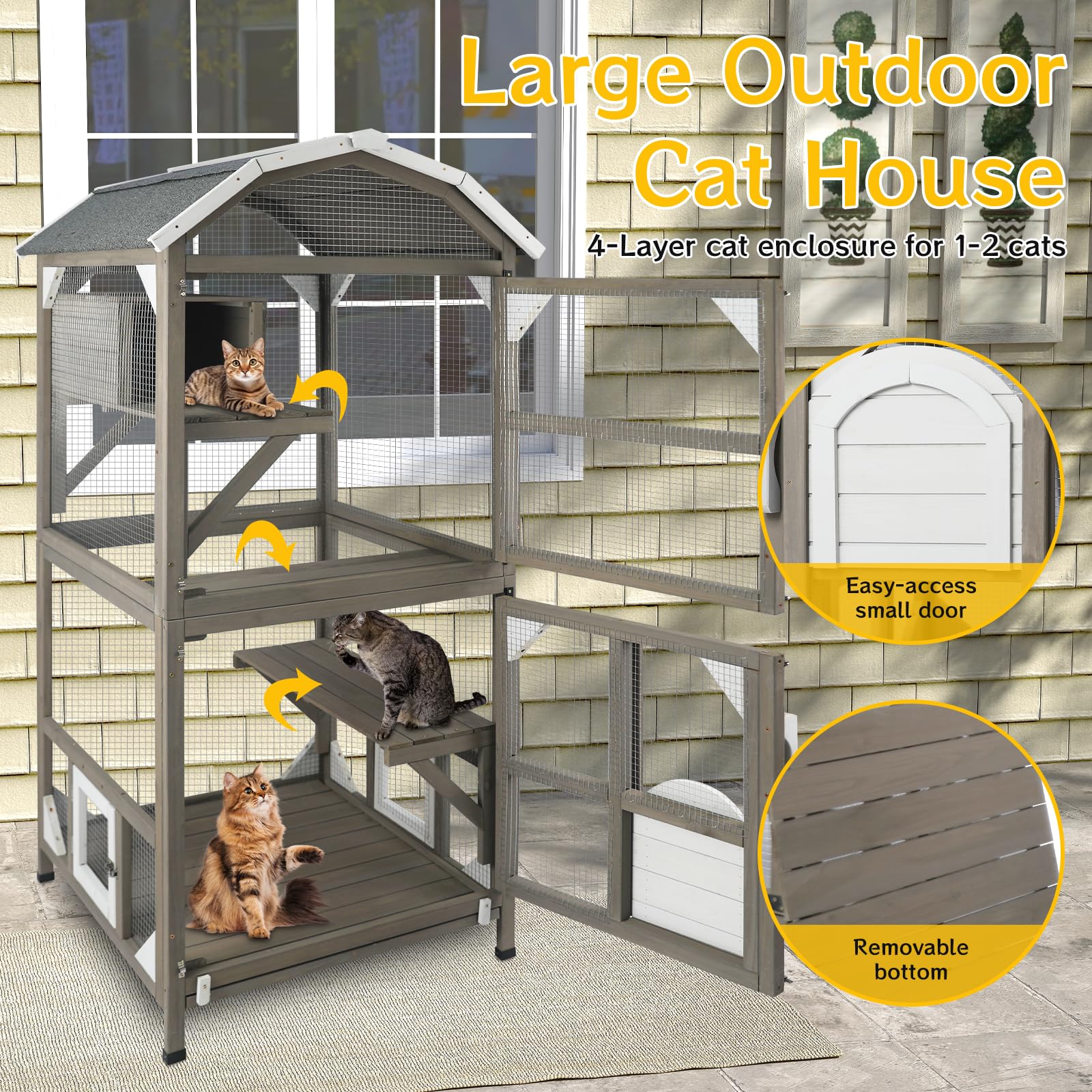 Catio Cat House Outdoor Cat Enclosure Window Large Cat Cage Indoor Outdoor with Multiple Platforms Waterproof Roof and Resting Box Shelter for Stray Kittens (Grey, 29.5