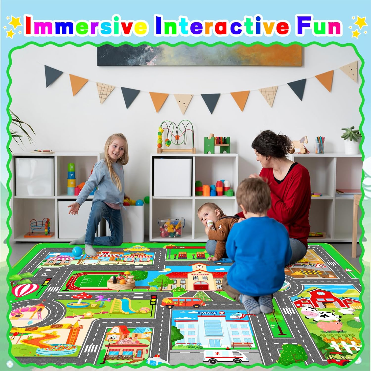 Kids Car Playmat, Kids Rug for Playroom Car Mat Town City Road Traffic Rugs, Play Mat for Floor, Extra Large Boys Kid Car Track Play Rug (Style SIX, 59X 39.4 INCH)