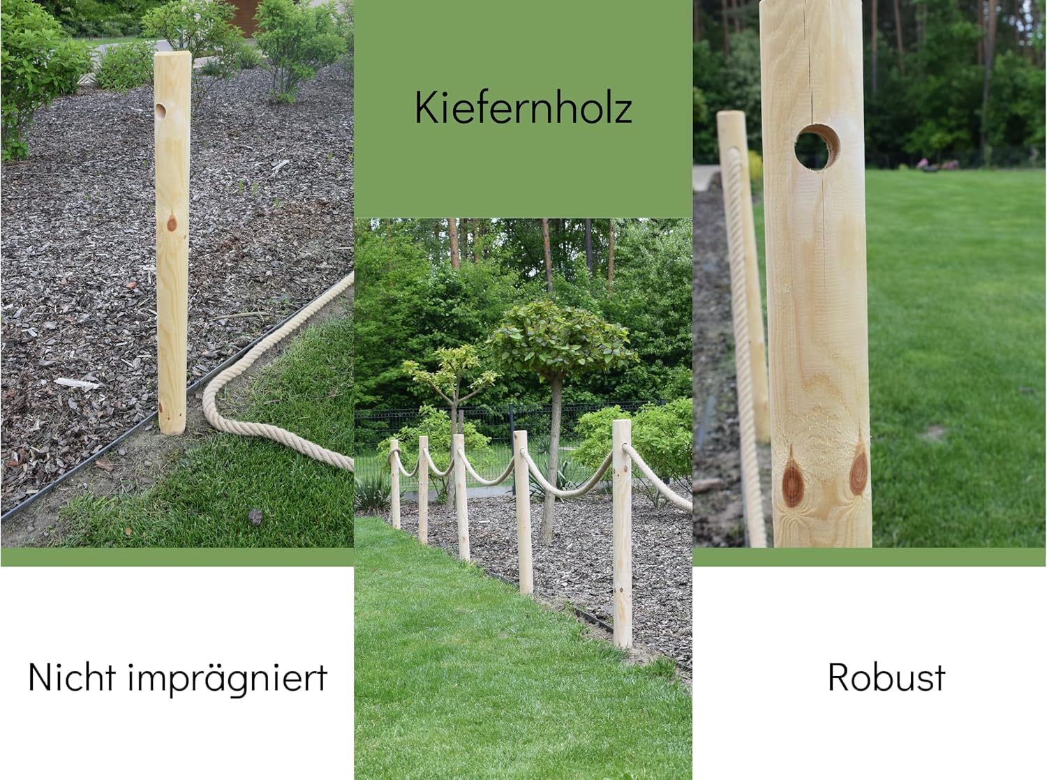 Recinzione In Legno 6 Pali Ø8x80 cm Con Corda In Juta 12m Staccionata Da Giardino Pannelli Recinzione Legno Non Trattato