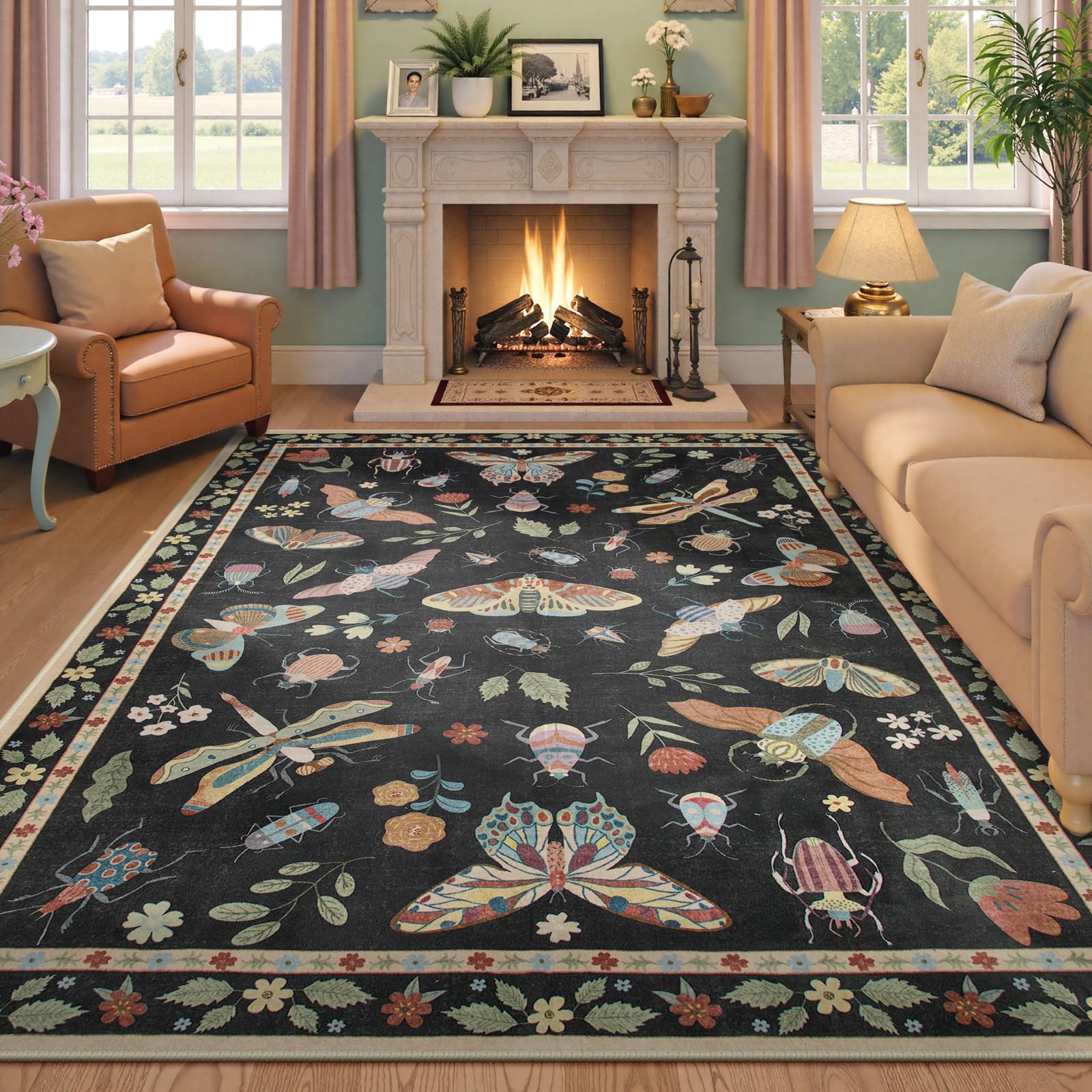 Beeiva Insect Print Rug 6x9, Machine Washable Area Rugs for Living Room, Boho Non Slip Low Pile Ultra Thin Foldable Aesthetic Large Carpet for Bedroom