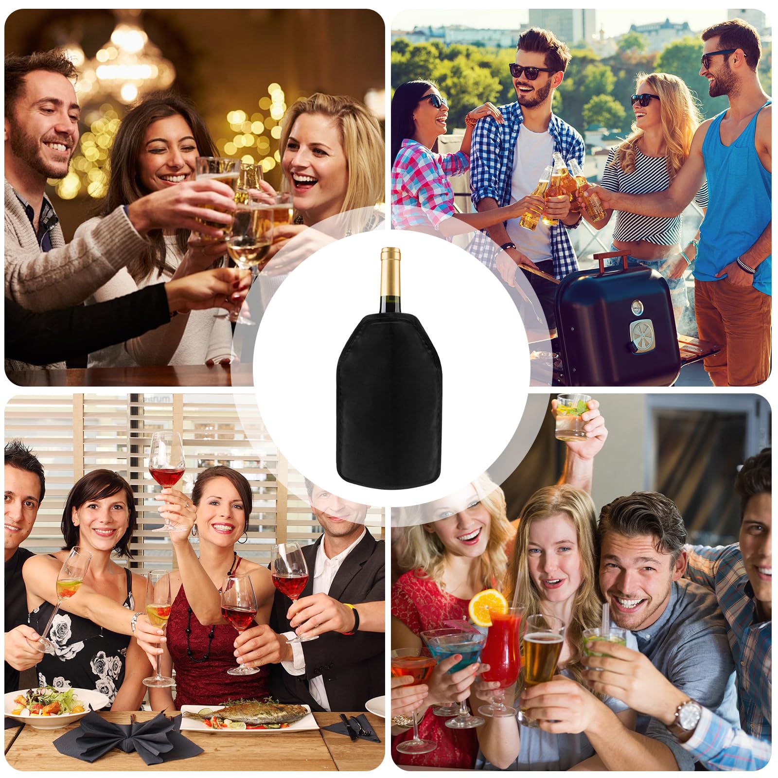 Juego de 2 Funda Enfriador de Vino con Gel, Enfriador de Botellas Ajuste Universal para 0,7-1L de Vino Cava Champán, Reutilizables para Picnic y Cenas (Negro)