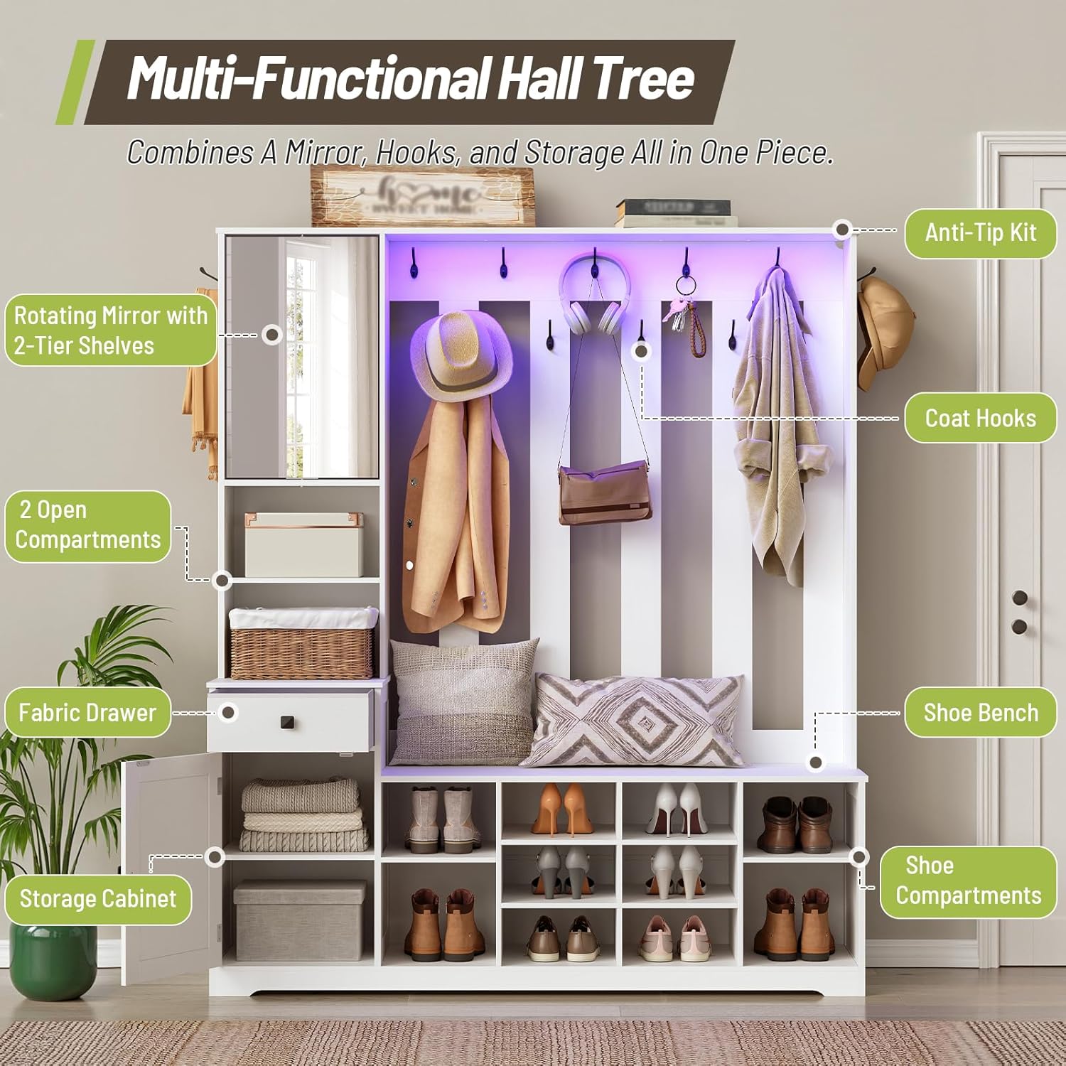 Hall Tree with Bench and Shoe Storage, Farmhouse Entryway Bench with Coat Rack and Fabric Drawer, 11 Coat Hooks and 10 Shoe Cubbies, LED Lights, Rotating Mirror with Shelves, White