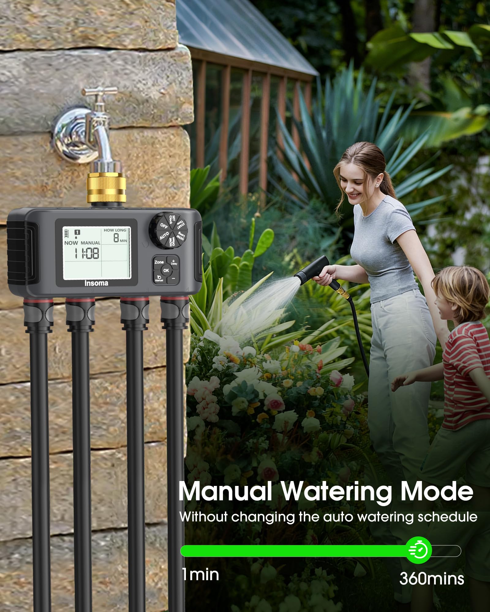 Insoma Temporizador de agua WiFi para manguera de jardín, temporizador de aspersor inteligente, temporizador de manguera WiFi con control remoto por aplicación, control de voz con Alexa, retardo de