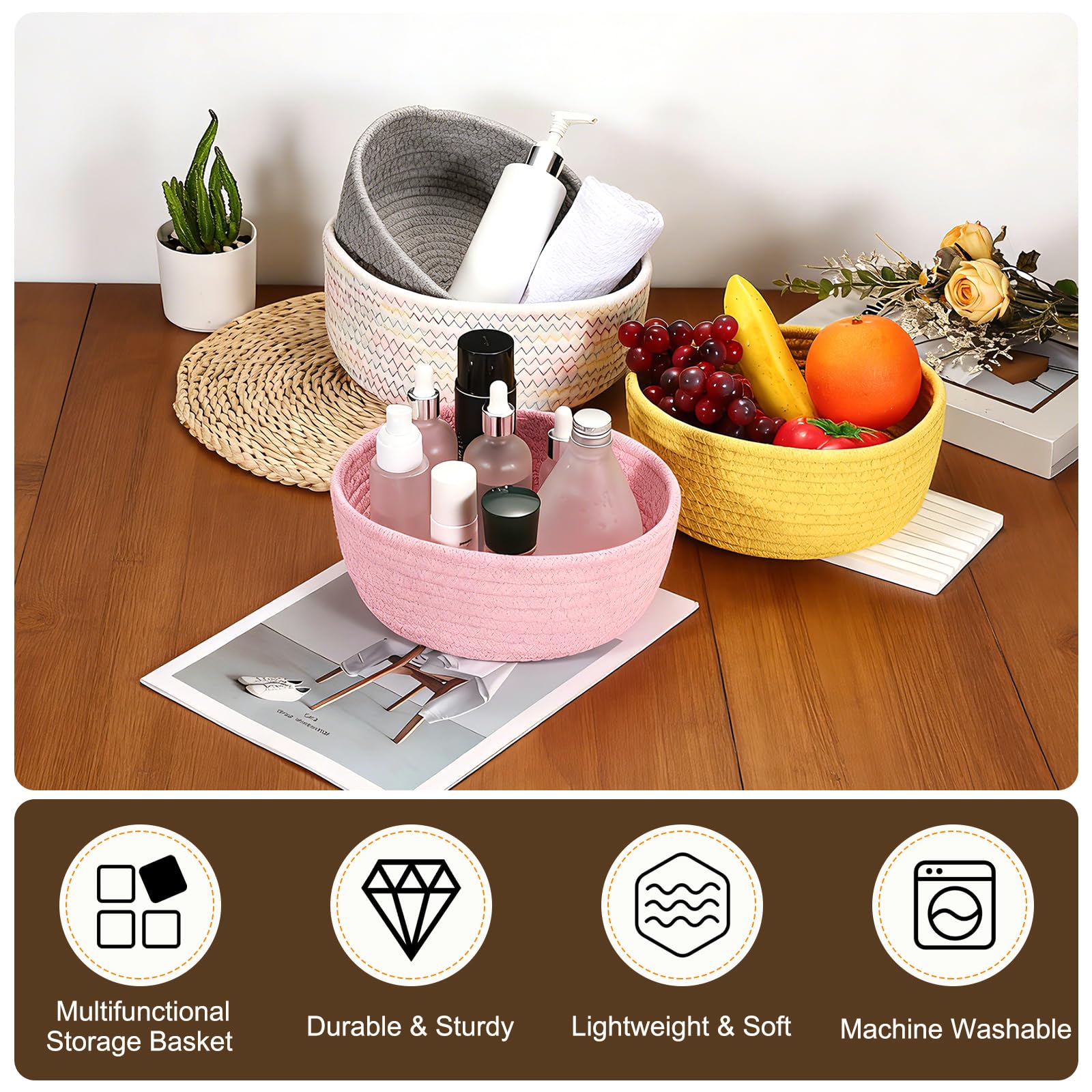 QUARKZMAN Piccolo Cesto Intrecciato In Corda Di Cotone 20 X 8Cm Cestino Rotondo Organizer Carino Contenitore Per Ripiani Armadio Casa Ufficio Organizzazione Rosa