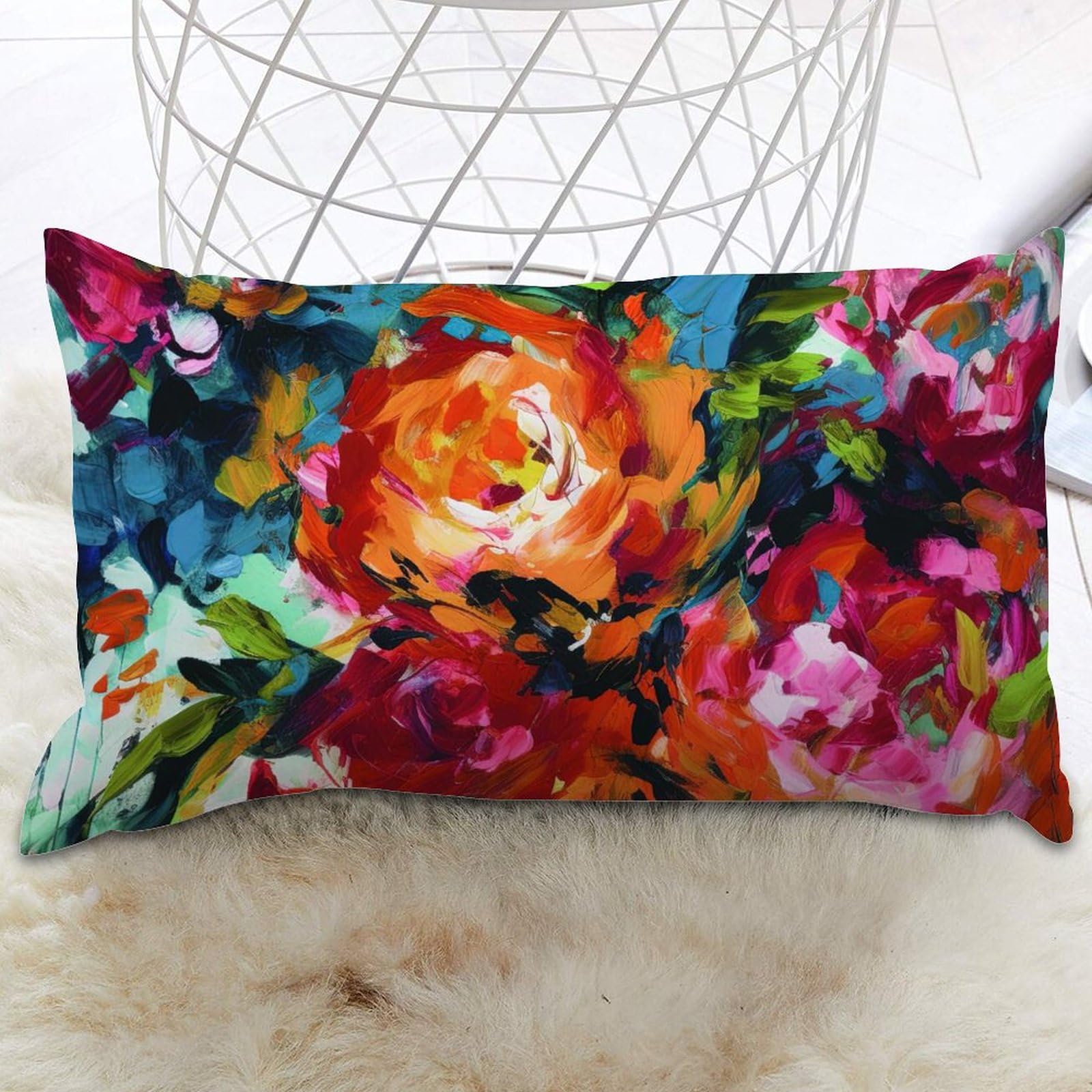 Lumbar Throw Pillow Cover Bright Floral Pink Rose Dorm Pillowcase Blooms Flower Painting Pillow Cover Rustic Decorative Cushion Cases Home Decor For Home Decor Sofa Bedroom Car 12x16 IN