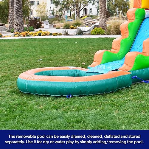 Miniatura 4 de HeroKiddo Tropical Breeze - Tobogán acuático de grado comercial con piscina para niños y adultos (con soplador), aro de baloncesto, interior y