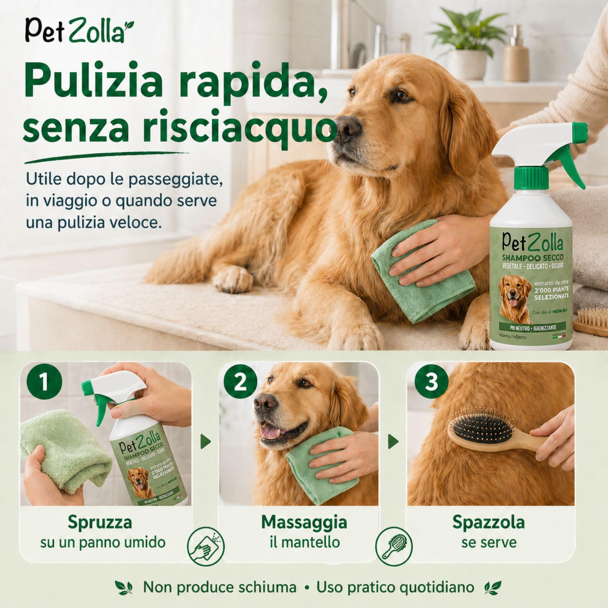Shampoo secco per cani senza risciacquo 750 ml Idrata e igienizza, Shampoo a secco per cani naturale con olio di neem, argan e timo, sicuro anche per cuccioli - Made in Italy