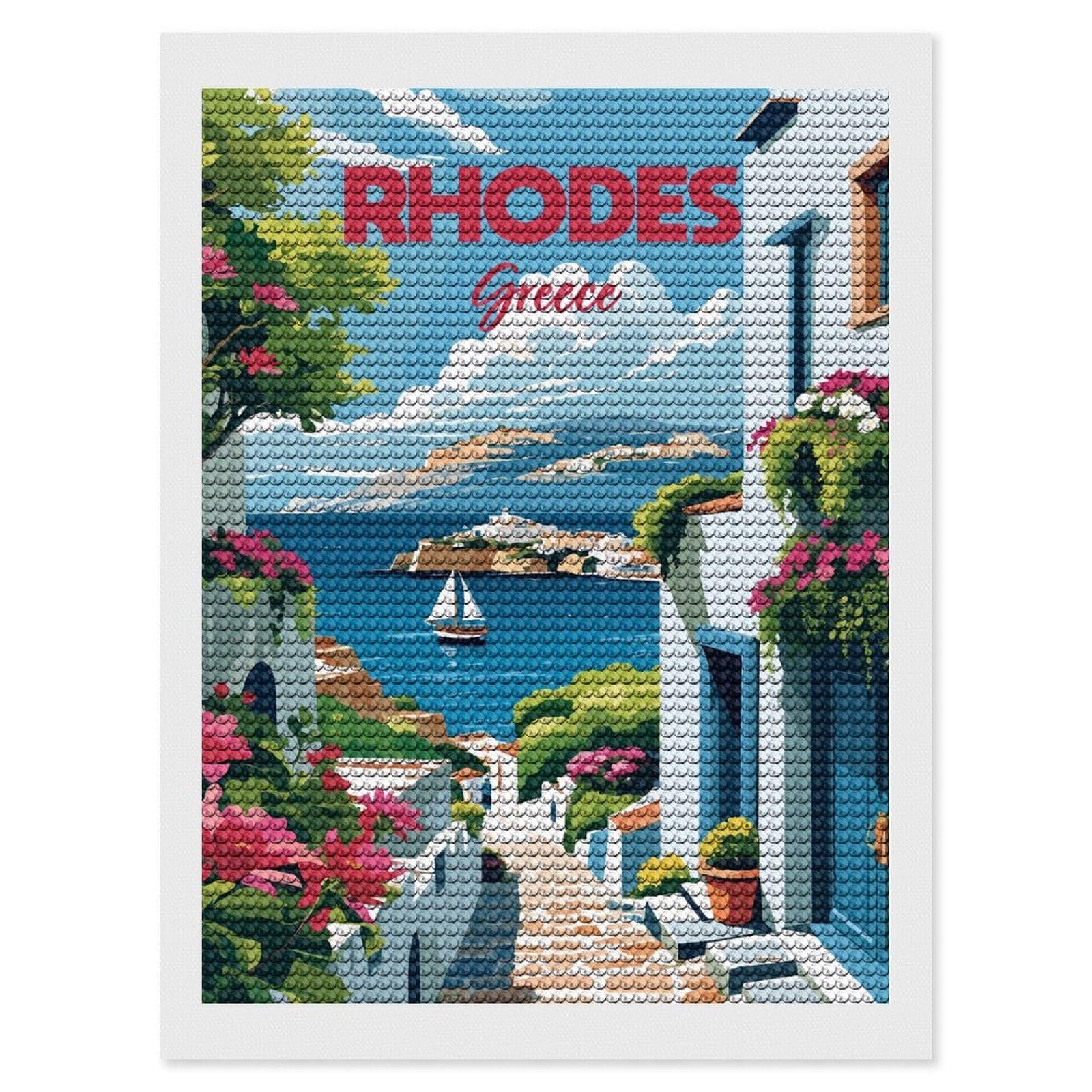 Junmoney Rhodes Greece Travel (2) DIY Diamond Art Canvas Kit 12"x16", Complete Accessories, Creative Leisure Activity, Home Wall Decor, Gift Idea