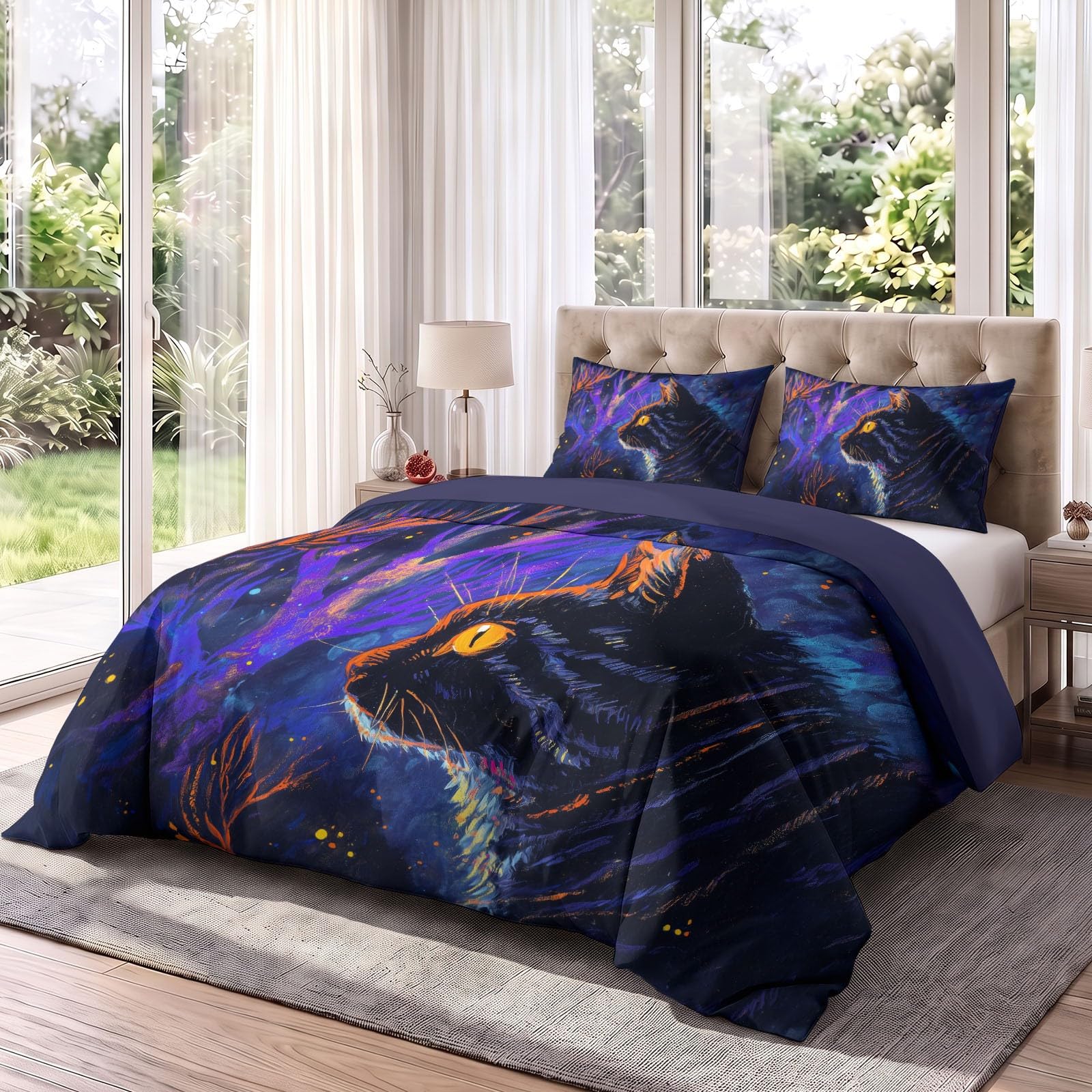 Generisch Fantasy komplet pościeli z motywem kota, lasu, motywem gwiazdek, 155 x 220 cm, 3-częściowy zestaw dekoracyjny, poszewka na kołdrę z mikrofibry, poszewka na kołdrę z 2 poszewkami na poduszkę