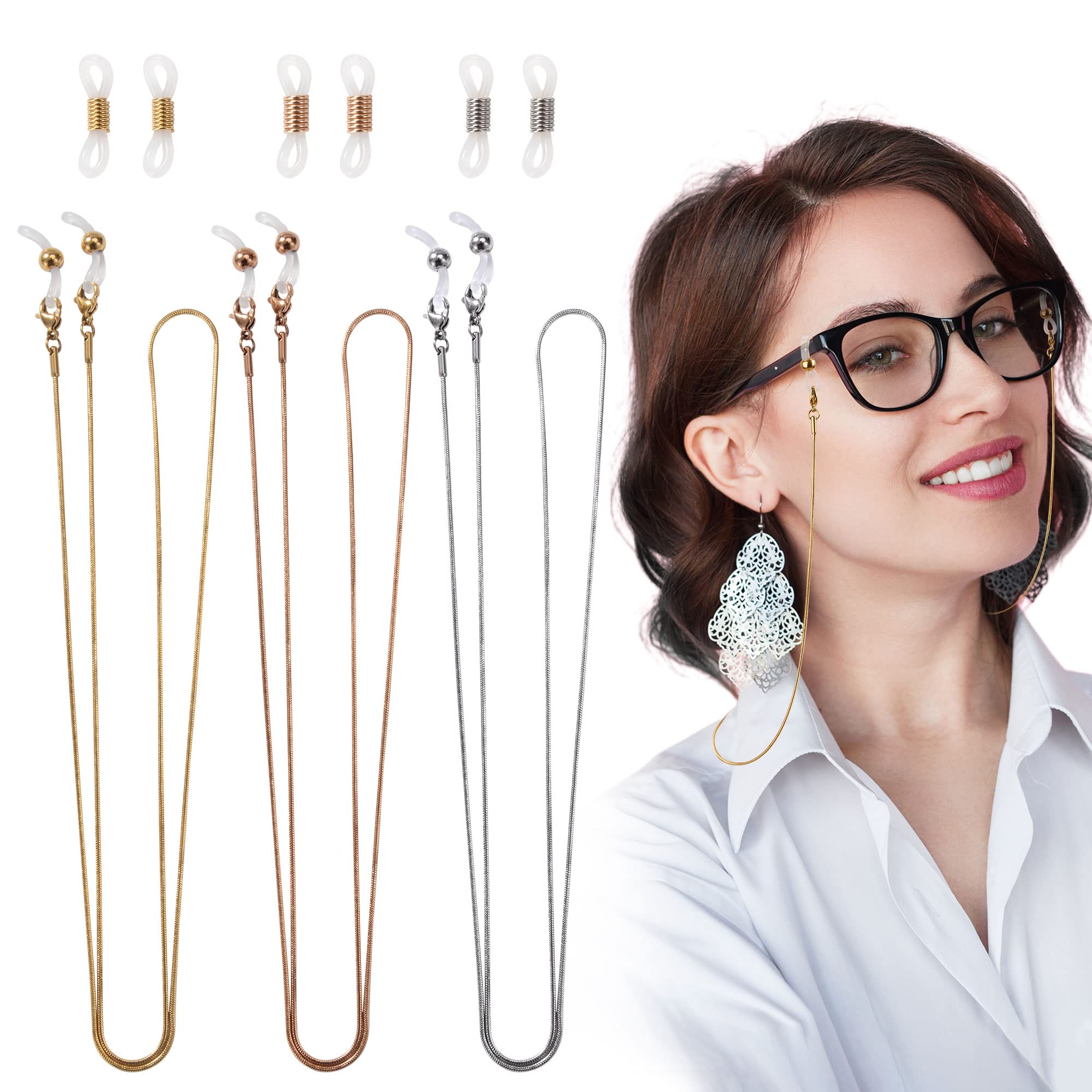Heveer Cadena de Gafas Cadena de Gafas de Sol de Acero Inoxidable con 12 Extremos de Cadena de Gafas para Mujeres Hombres 3 Piezas