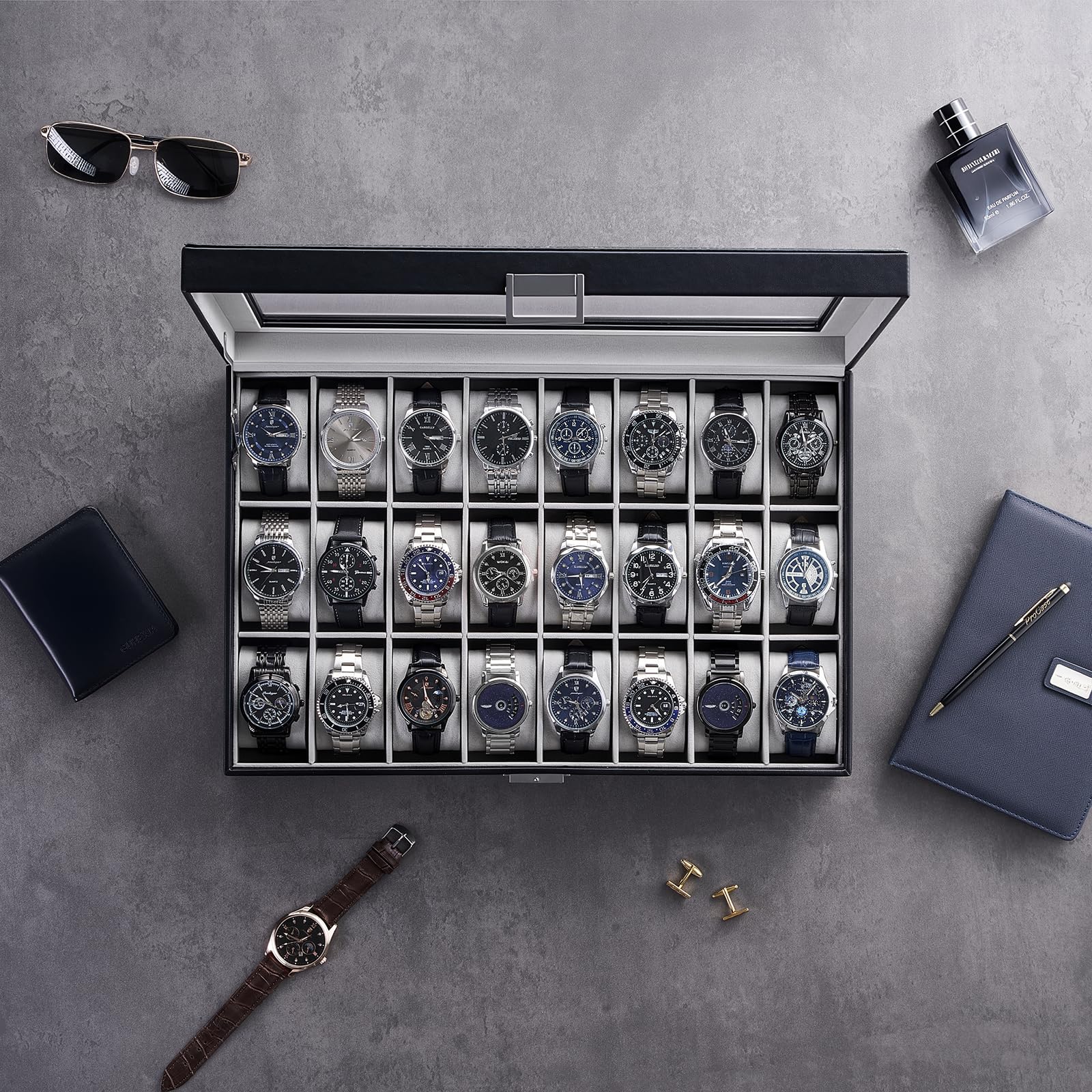 ProCase Boîte à Montres 24 Emplacements, Coffret de Rangement Grande Capacité avec Couvercle en Verre Transparent, Coffret Cadeau Élégant pour Collection de Montres -Noir