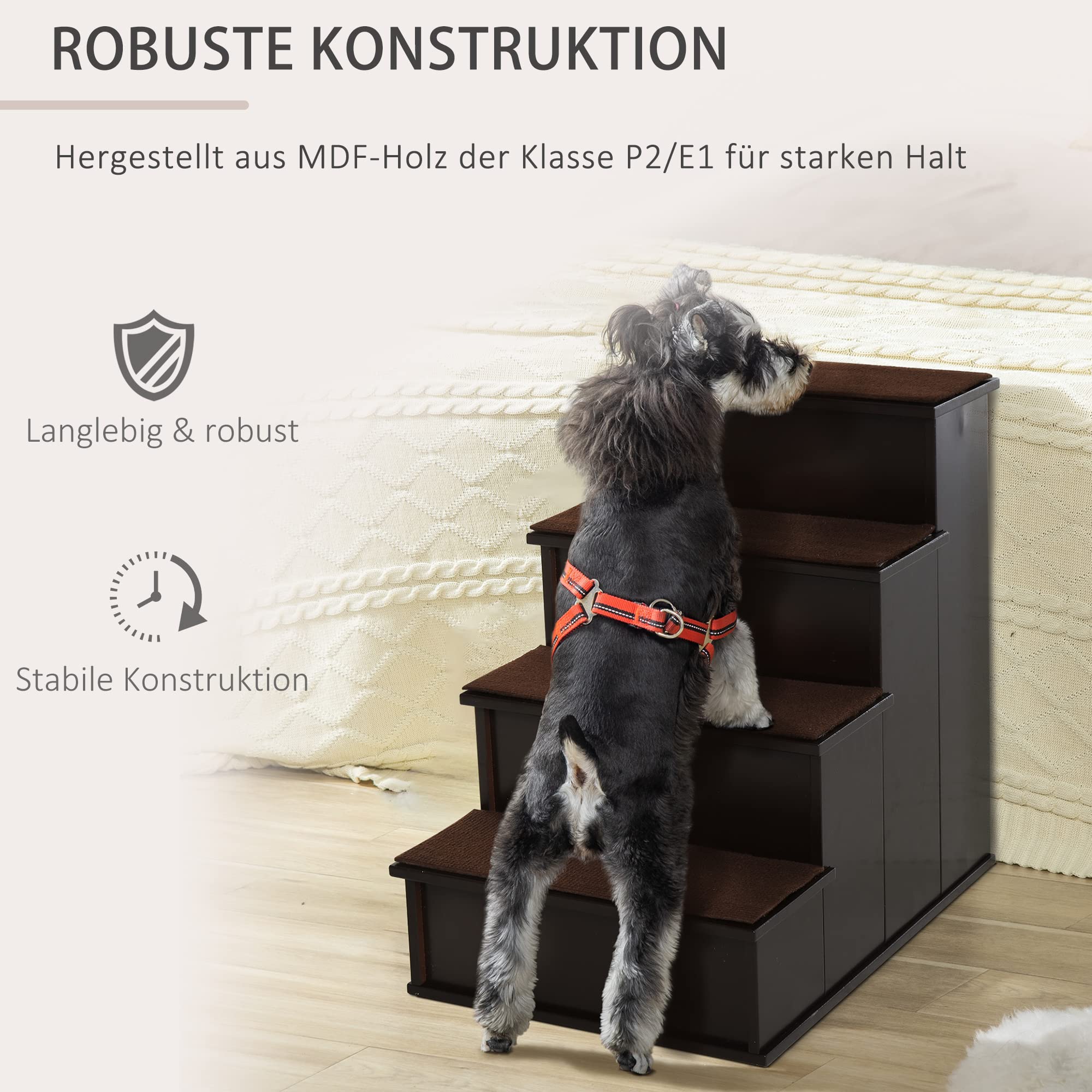 PawHut Haustiertreppe 4-stufige Hundetreppe Katzentreppe Einstiegshilfe mit Rutschfester Matte Haustierleiter für Auto Bett Sofa Dunkelbraun 40 x 59 x 54,2 cm