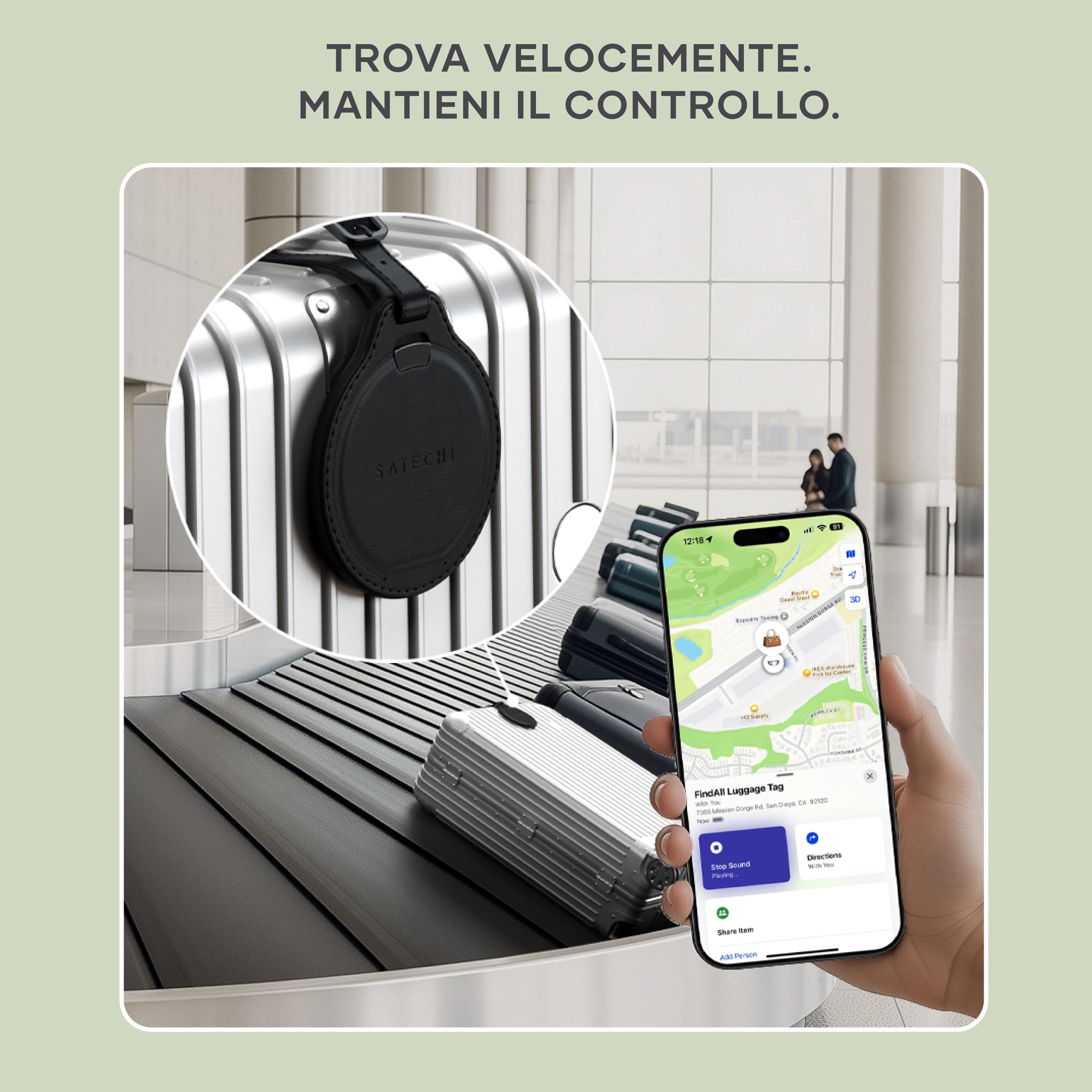SATECHI FindAll GPS Tracker per Valigie, Apple Find My, Nero | Localizzatore Bluetooth, ricarica wireless, compatibile TSA, avvisi di smarrimento potenti, per iPhone, iPad, Mac