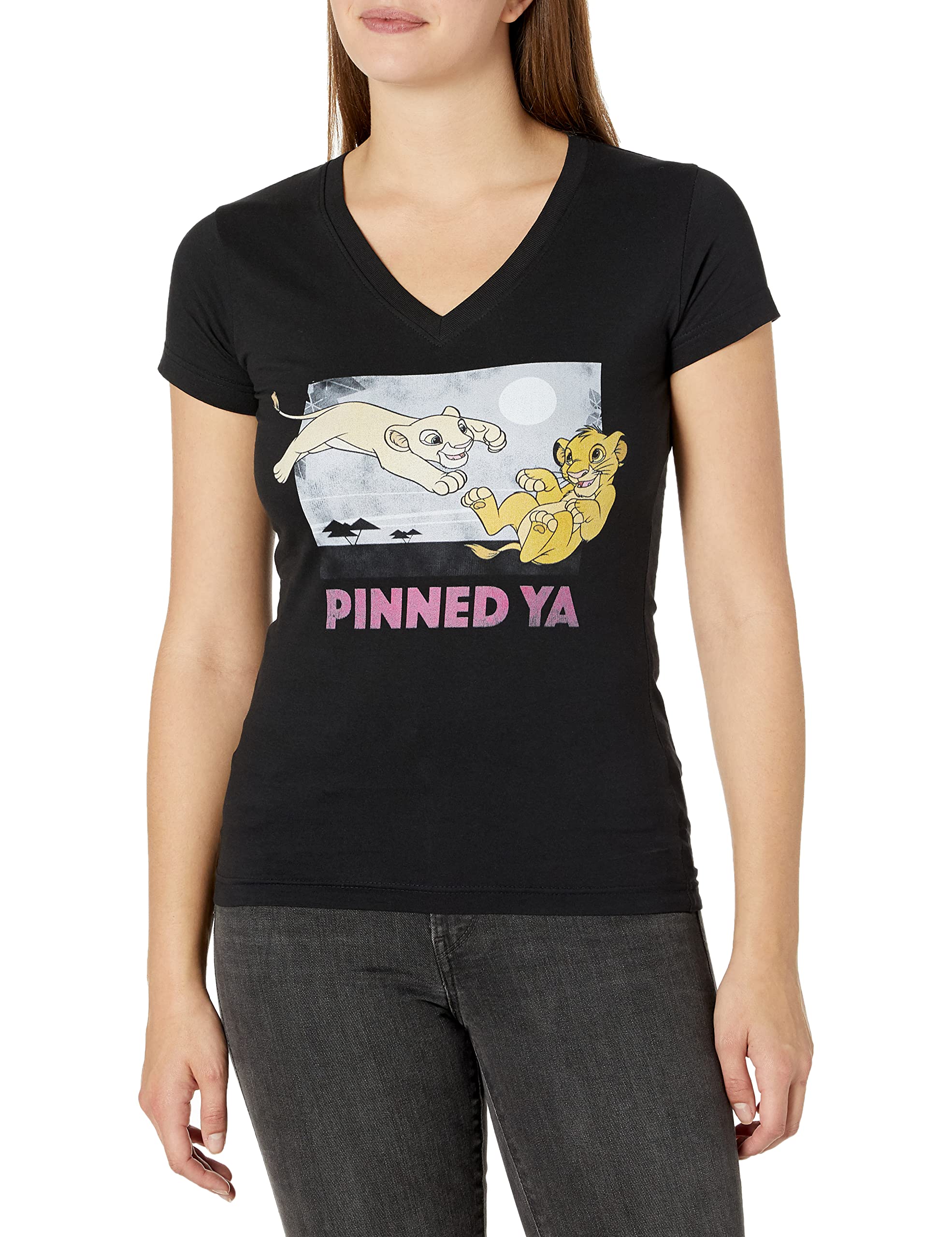 Fifth Sun womens Lion King Simba Nala Pinned Ya Graphic V-neck Tee Shirt